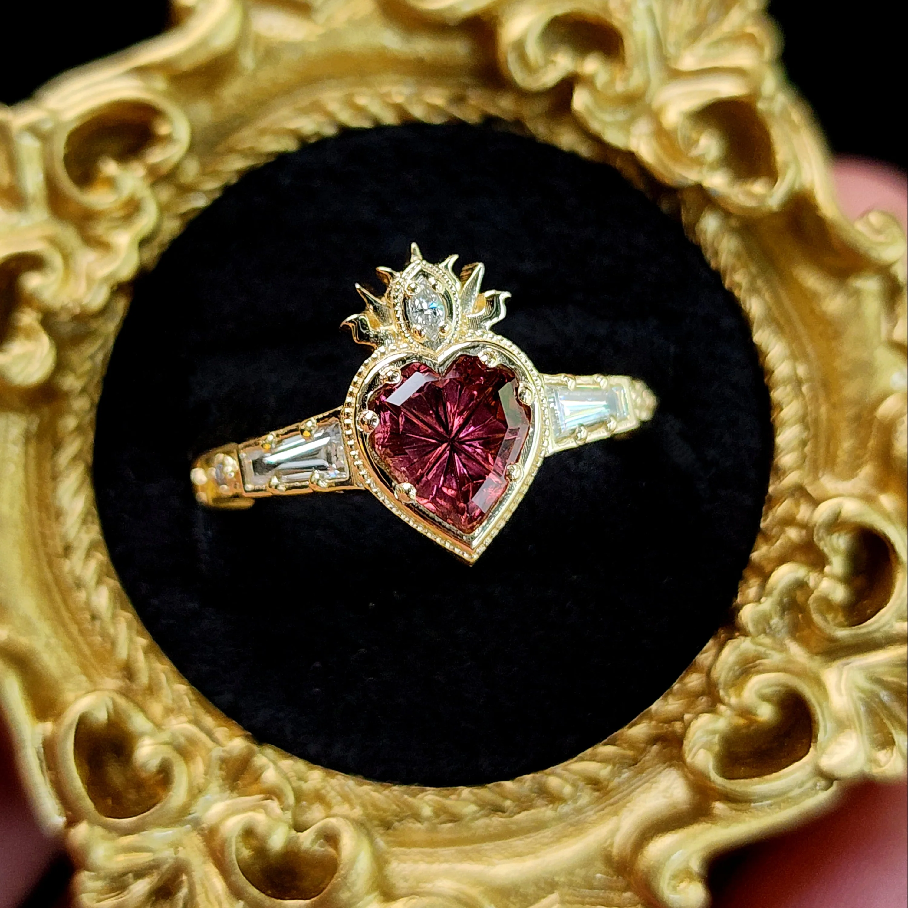 Ready to Ship Size 4-6 - Cosmic Love Flaming Heart Ring with Pink Tourmaline 14k Yellow Gold - Image 4