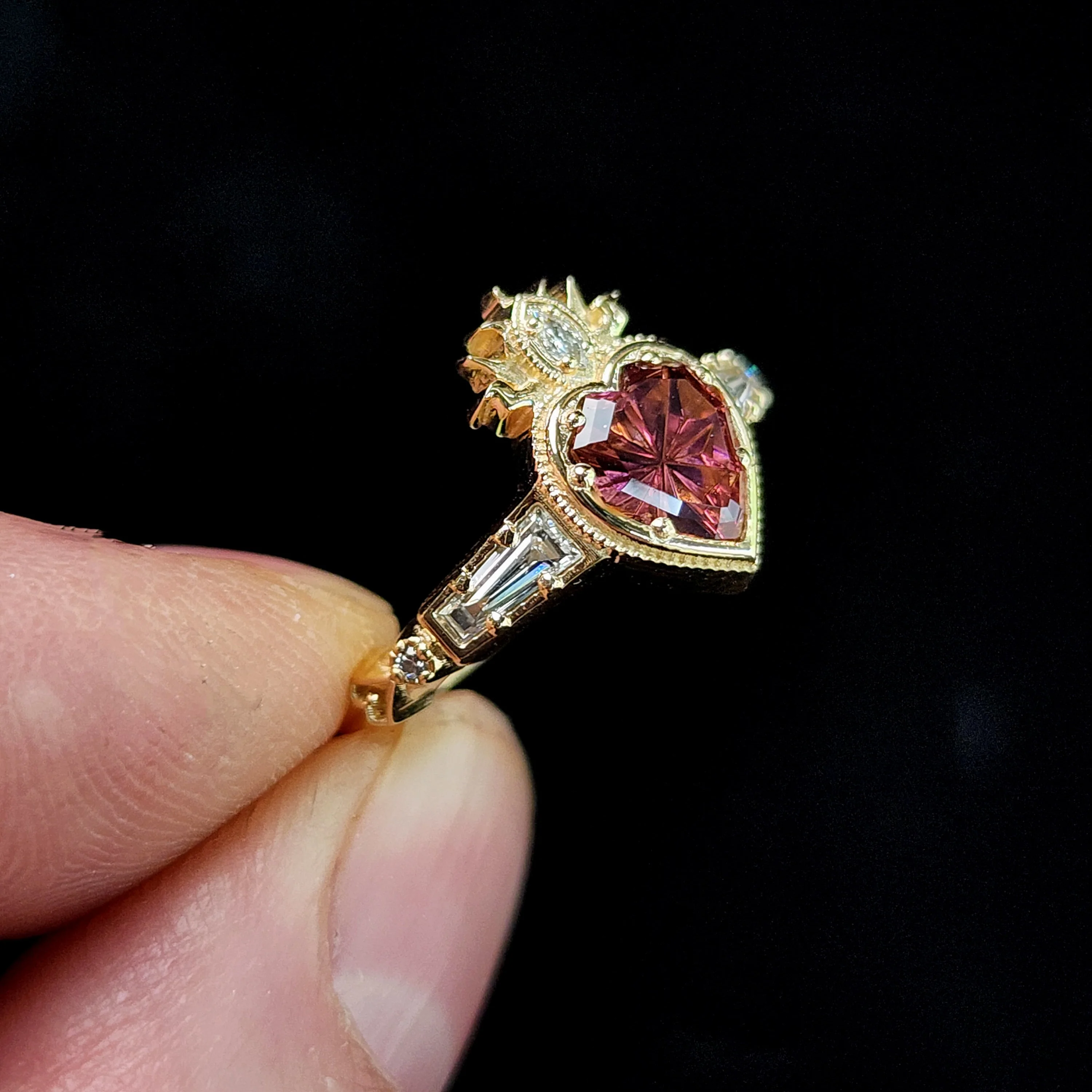 Ready to Ship Size 4-6 - Cosmic Love Flaming Heart Ring with Pink Tourmaline 14k Yellow Gold - Image 5
