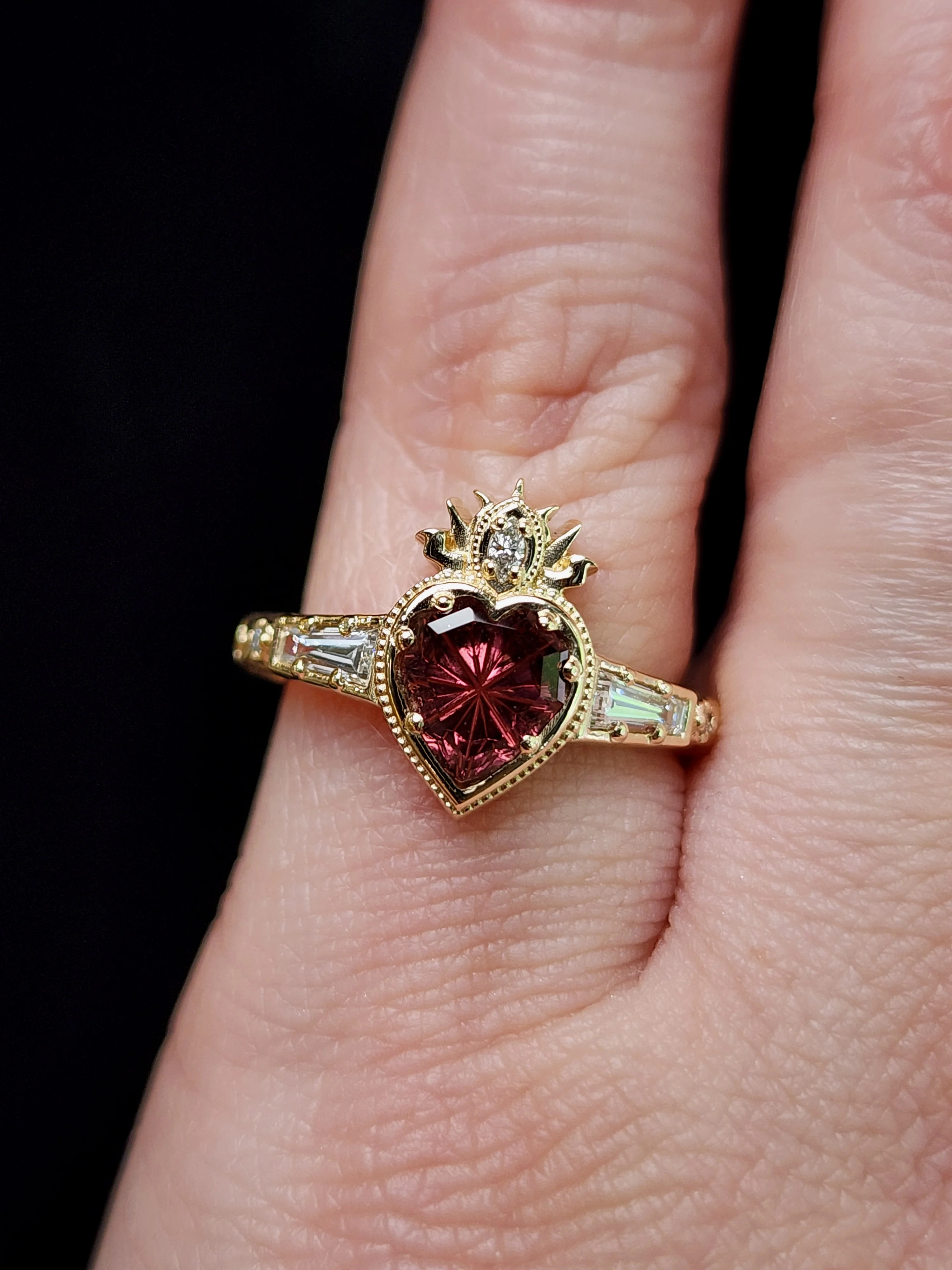Ready to Ship Size 4-6 - Cosmic Love Flaming Heart Ring with Pink Tourmaline 14k Yellow Gold - Image 7