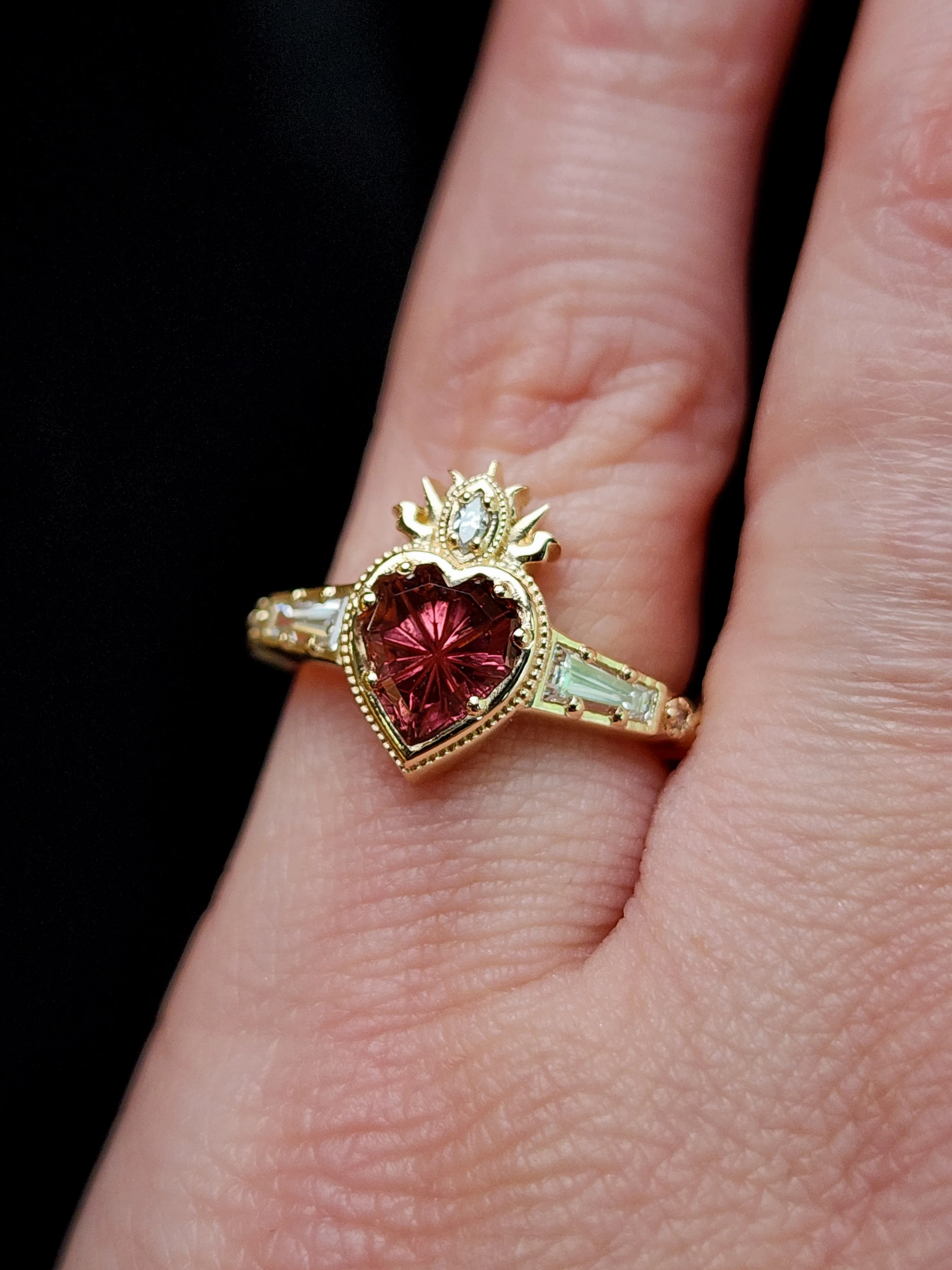 Ready to Ship Size 4-6 - Cosmic Love Flaming Heart Ring with Pink Tourmaline 14k Yellow Gold - Image 8