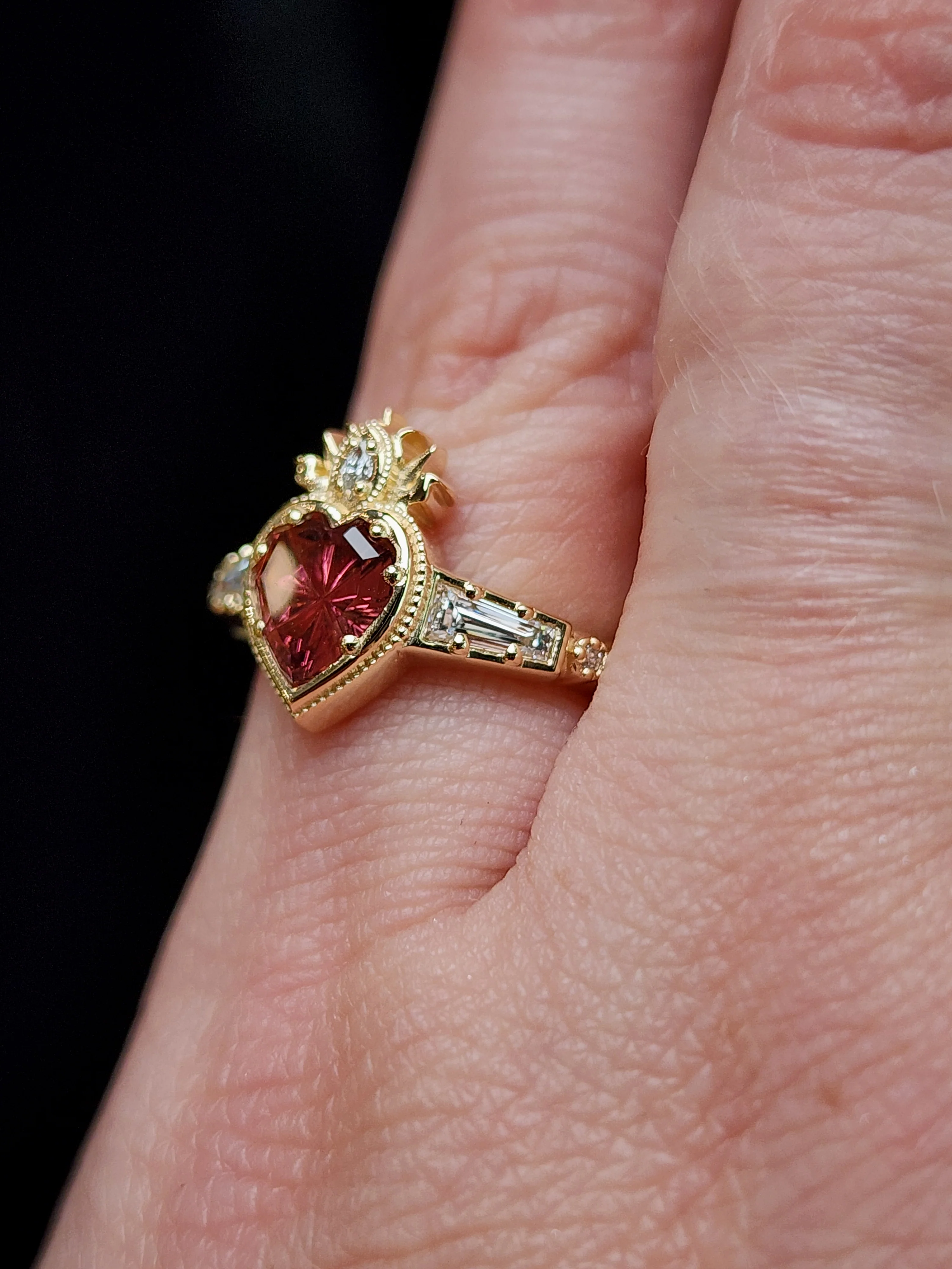 Ready to Ship Size 4-6 - Cosmic Love Flaming Heart Ring with Pink Tourmaline 14k Yellow Gold - Image 9