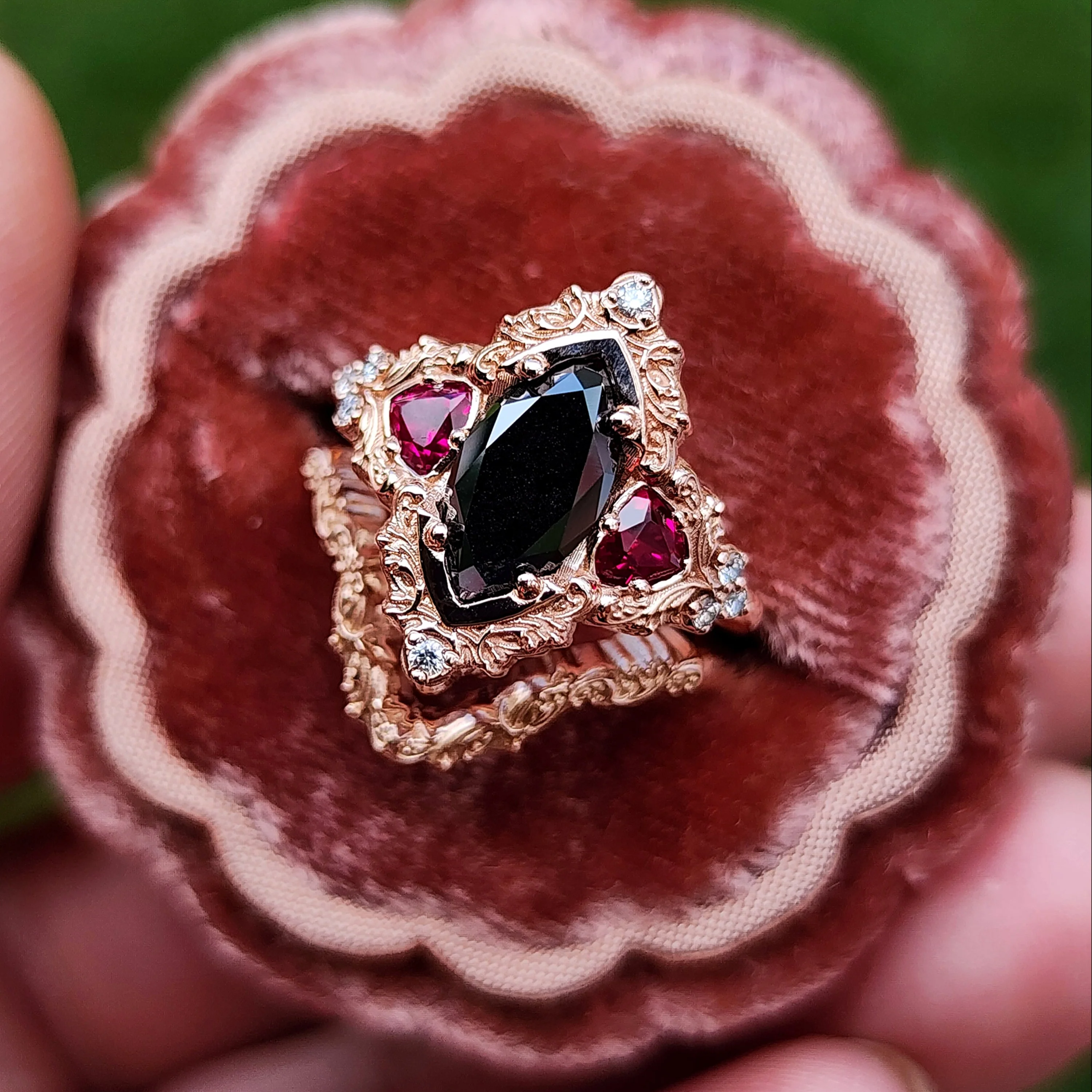 Ready to Ship Size 4-6 - Marquise Black Diamond & Ruby Delilah Delicate Engagement Ring Set - 14k Rose Gold - Image 3
