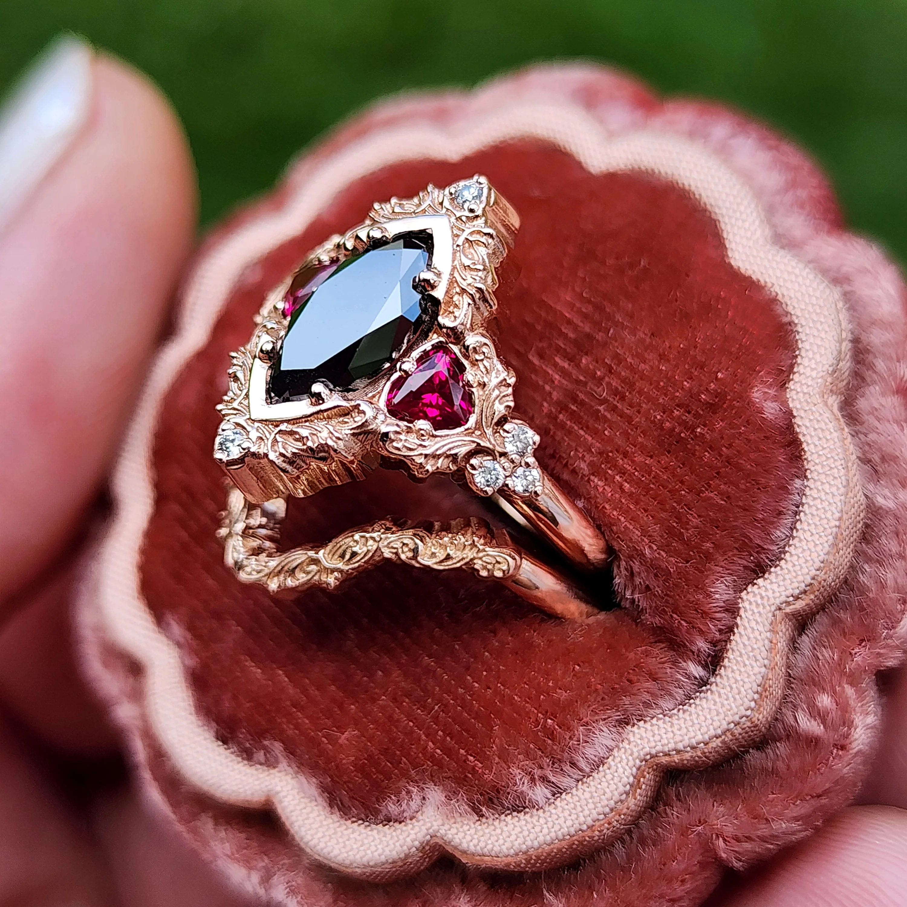 Ready to Ship Size 4-6 - Marquise Black Diamond & Ruby Delilah Delicate Engagement Ring Set - 14k Rose Gold - Image 4