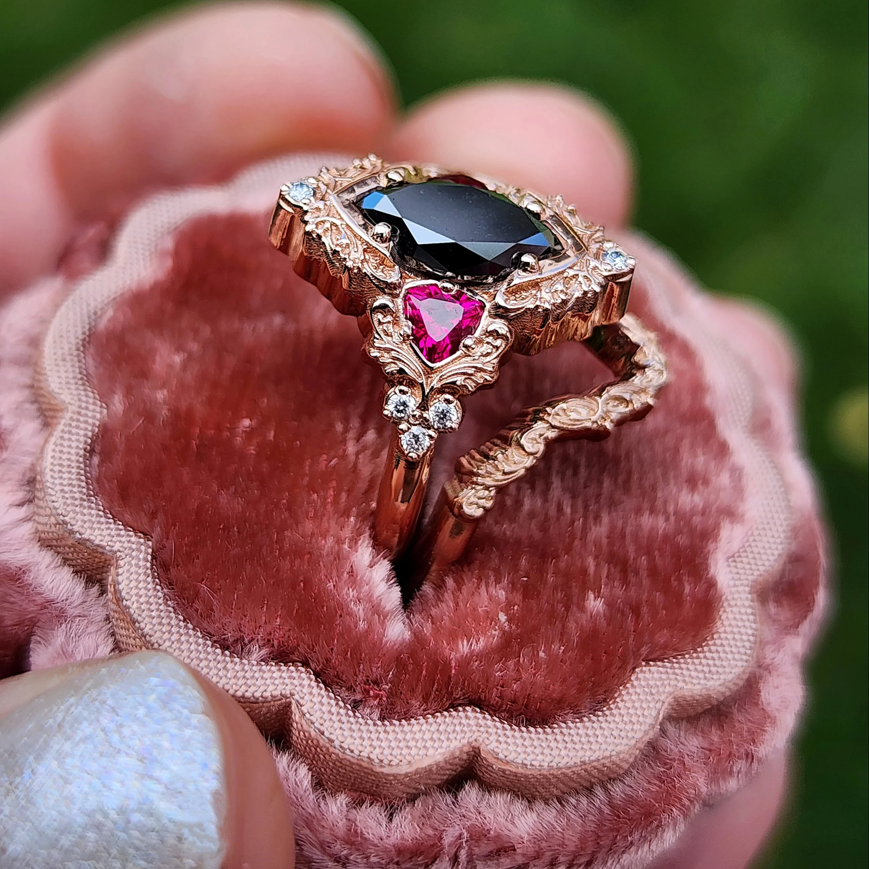 Ready to Ship Size 4-6 - Marquise Black Diamond & Ruby Delilah Delicate Engagement Ring Set - 14k Rose Gold - Image 5