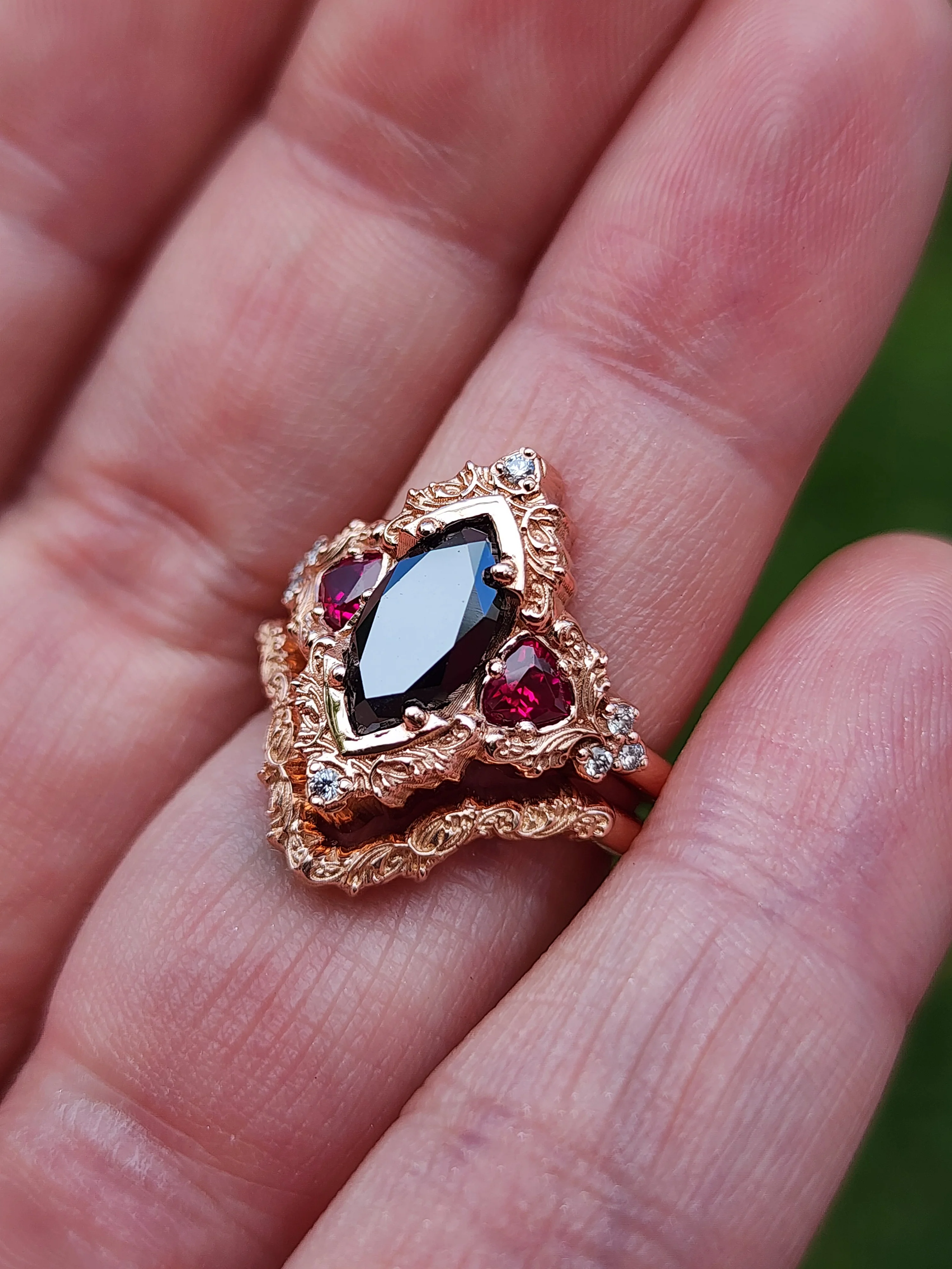 Ready to Ship Size 4-6 - Marquise Black Diamond & Ruby Delilah Delicate Engagement Ring Set - 14k Rose Gold - Image 7