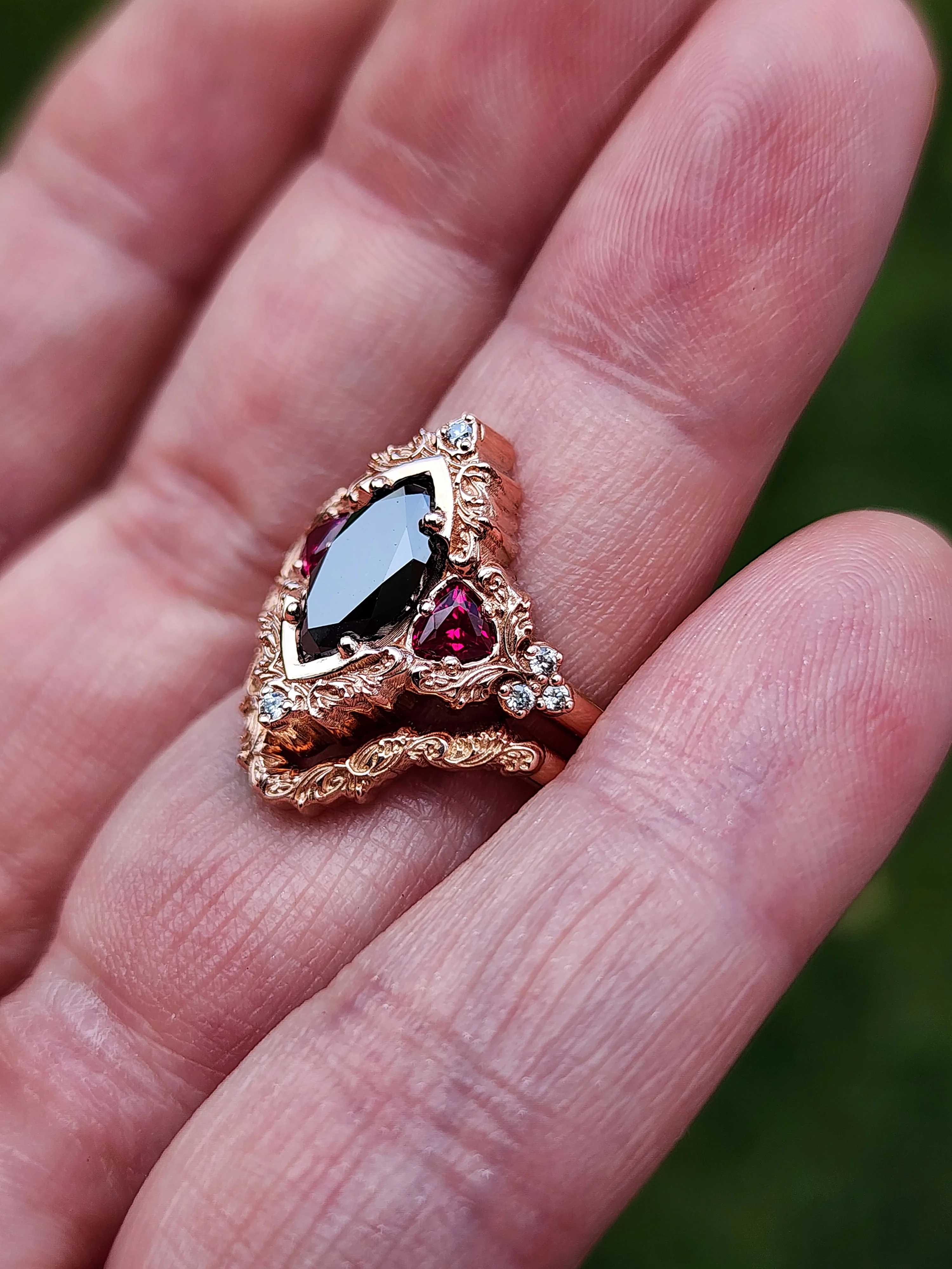 Ready to Ship Size 4-6 - Marquise Black Diamond & Ruby Delilah Delicate Engagement Ring Set - 14k Rose Gold - Image 8