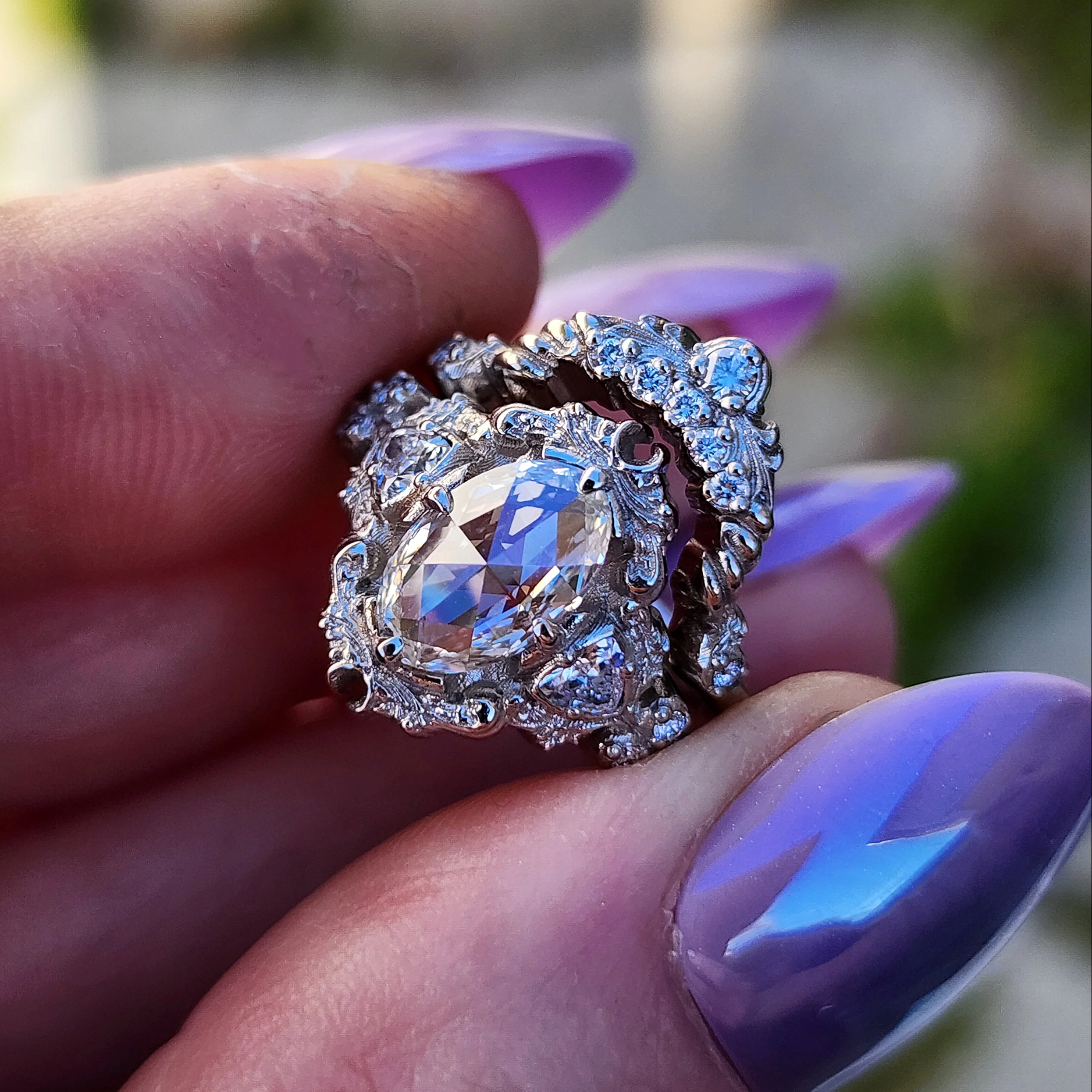 Ready To Ship Size 4-6 - Rose Cut Oval Lab Diamond Ophelia with Diamond Swing Ring Wedding Band - 14k Palladium White Gold - Image 7