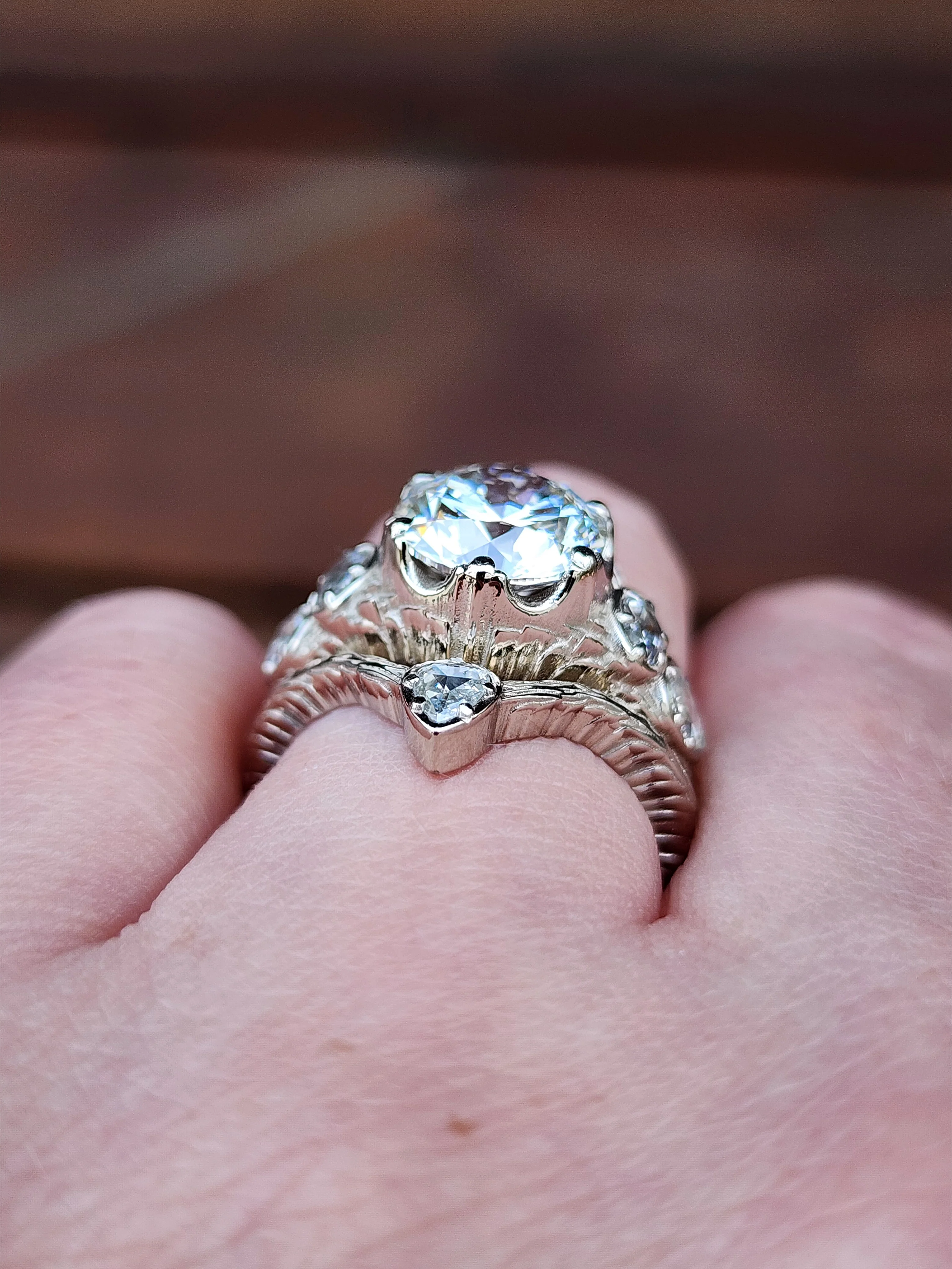 Ready to Ship Size 5-7 3.03ct Diamond Bramble Engagement Ring with Rose Cut Oval & Pear Diamonds and Forest Chevron Wedding Band - 14k Palladium White Gold - Image 11