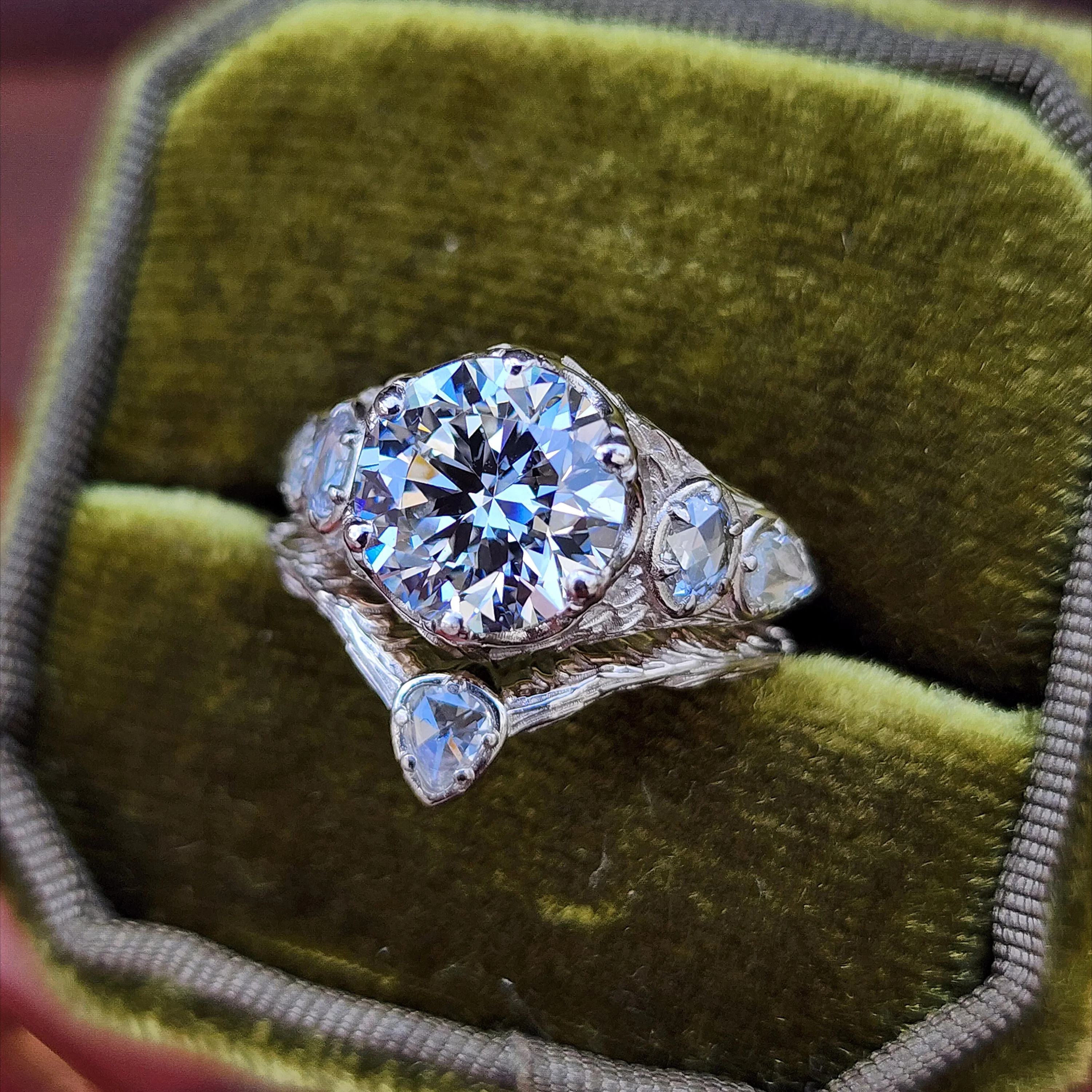Ready to Ship Size 5-7 3.03ct Diamond Bramble Engagement Ring with Rose Cut Oval & Pear Diamonds and Forest Chevron Wedding Band - 14k Palladium White Gold - Image 4