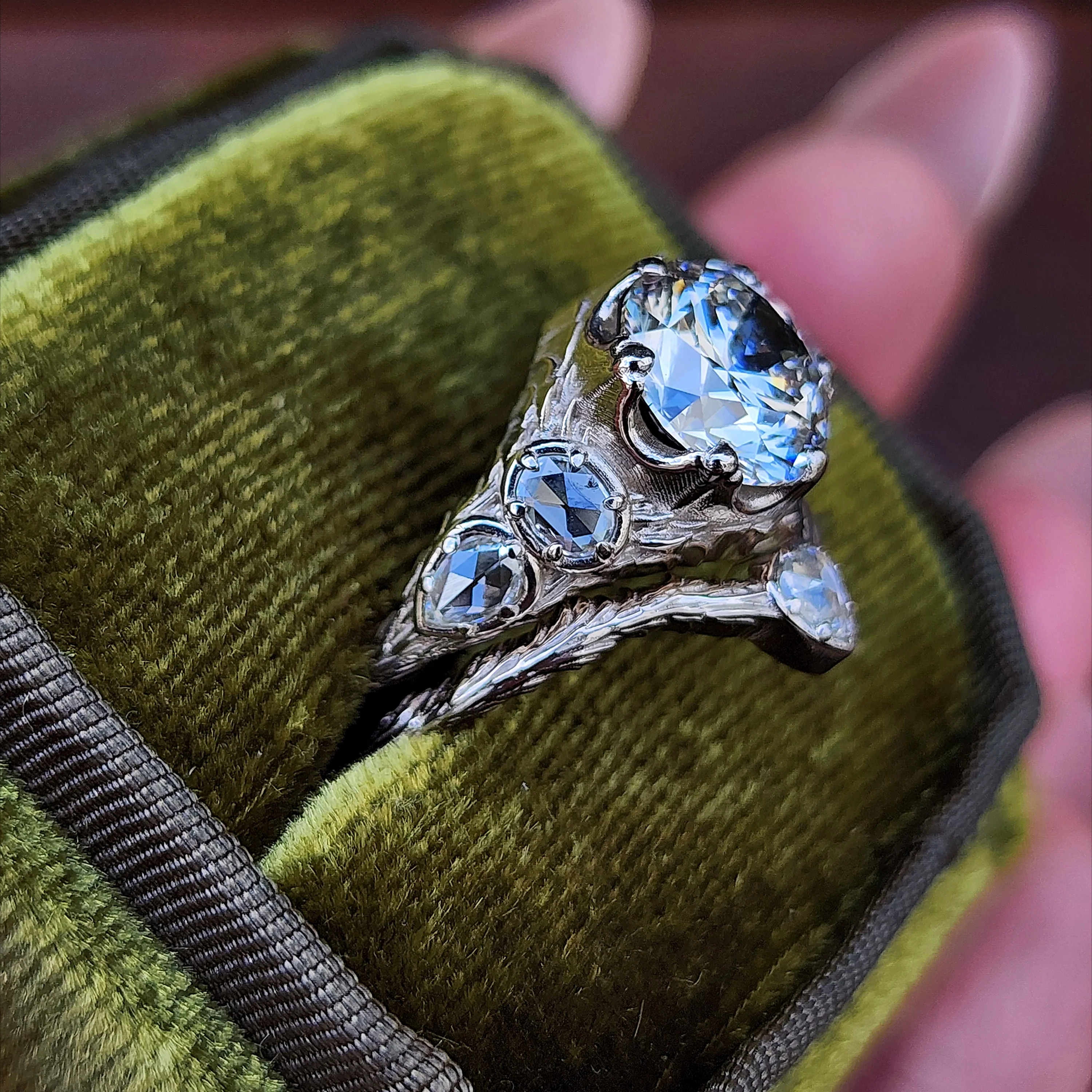 Ready to Ship Size 5-7 3.03ct Diamond Bramble Engagement Ring with Rose Cut Oval & Pear Diamonds and Forest Chevron Wedding Band - 14k Palladium White Gold - Image 5