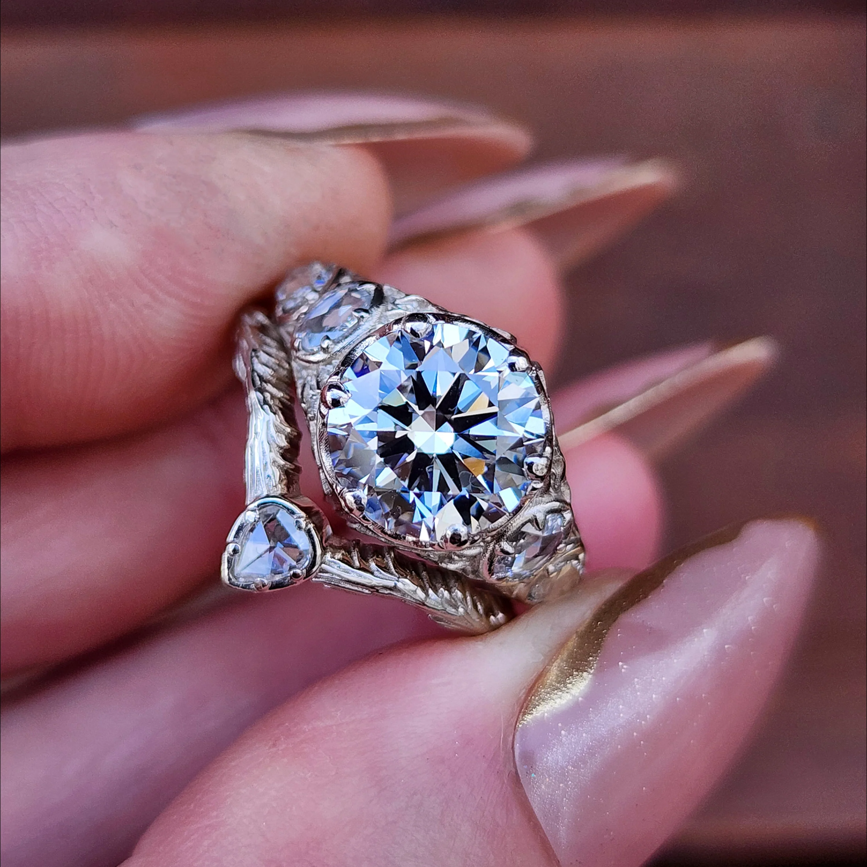 Ready to Ship Size 5-7 3.03ct Diamond Bramble Engagement Ring with Rose Cut Oval & Pear Diamonds and Forest Chevron Wedding Band - 14k Palladium White Gold - Image 6