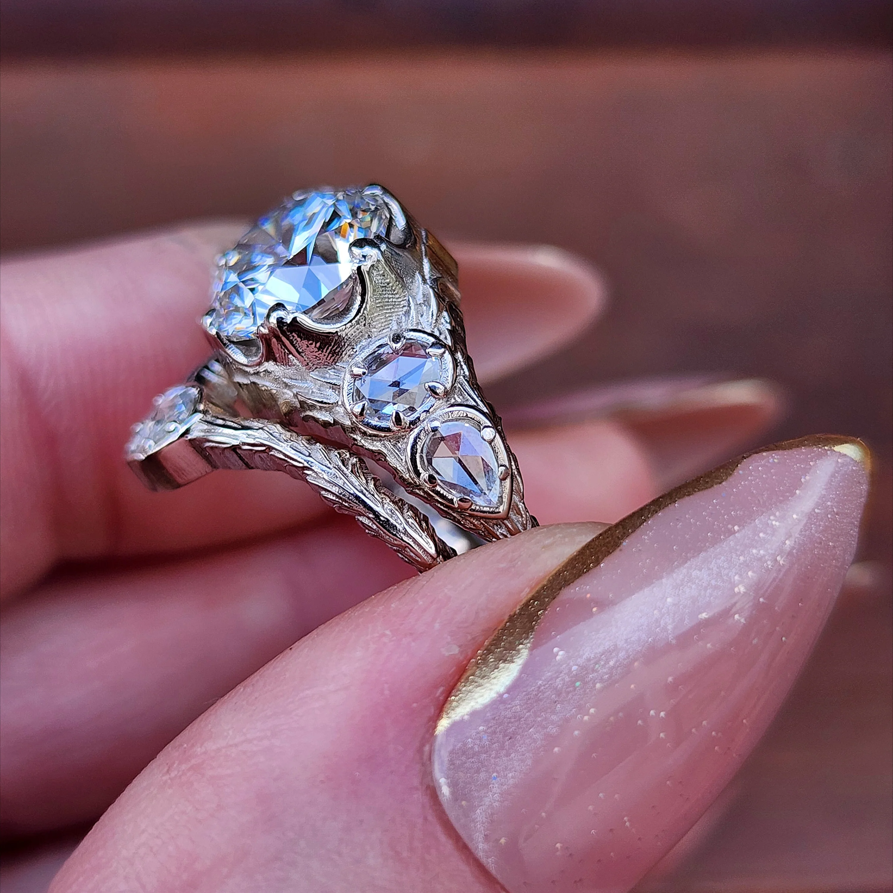 Ready to Ship Size 5-7 3.03ct Diamond Bramble Engagement Ring with Rose Cut Oval & Pear Diamonds and Forest Chevron Wedding Band - 14k Palladium White Gold - Image 7