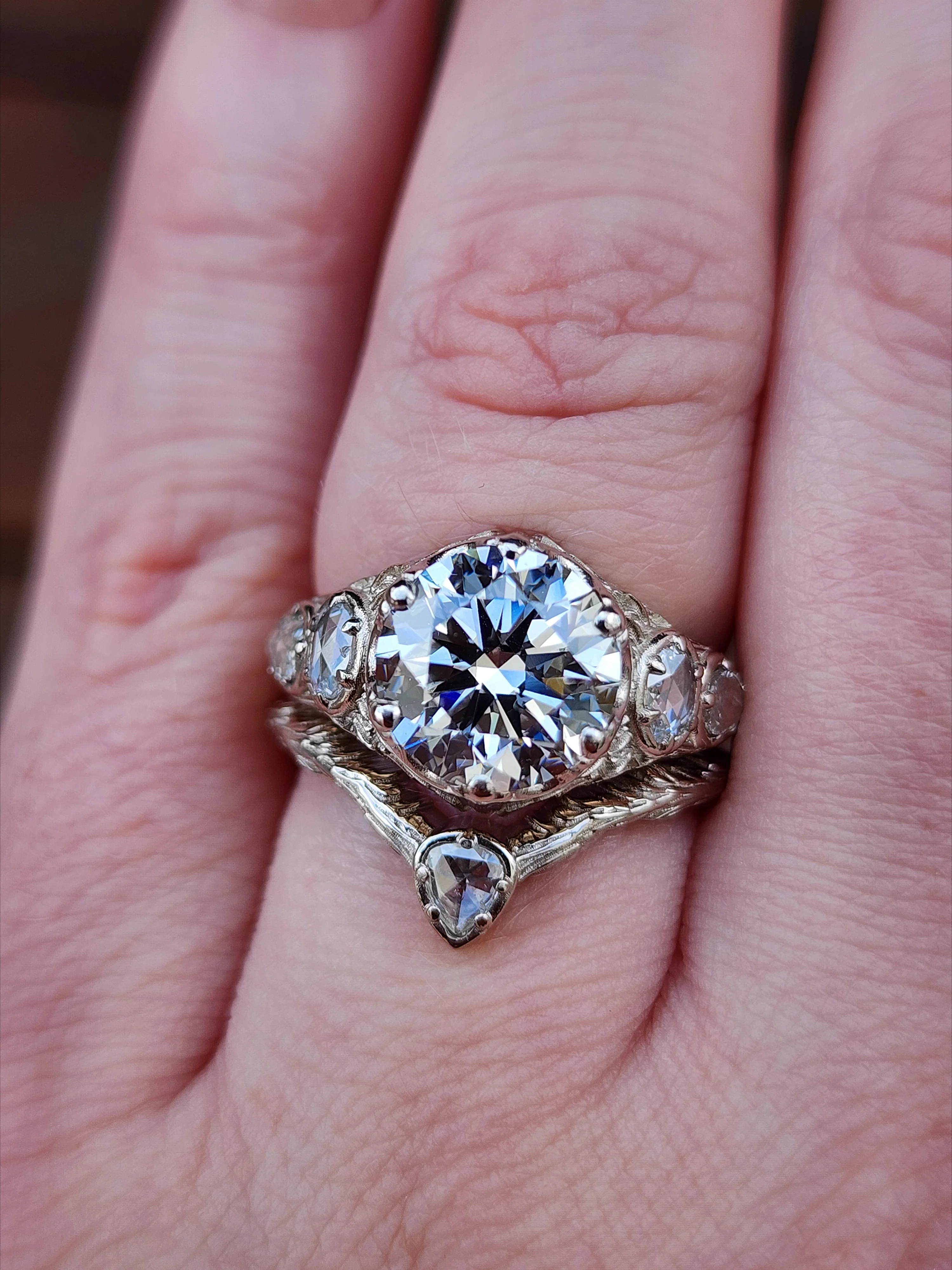 Ready to Ship Size 5-7 3.03ct Diamond Bramble Engagement Ring with Rose Cut Oval & Pear Diamonds and Forest Chevron Wedding Band - 14k Palladium White Gold - Image 8