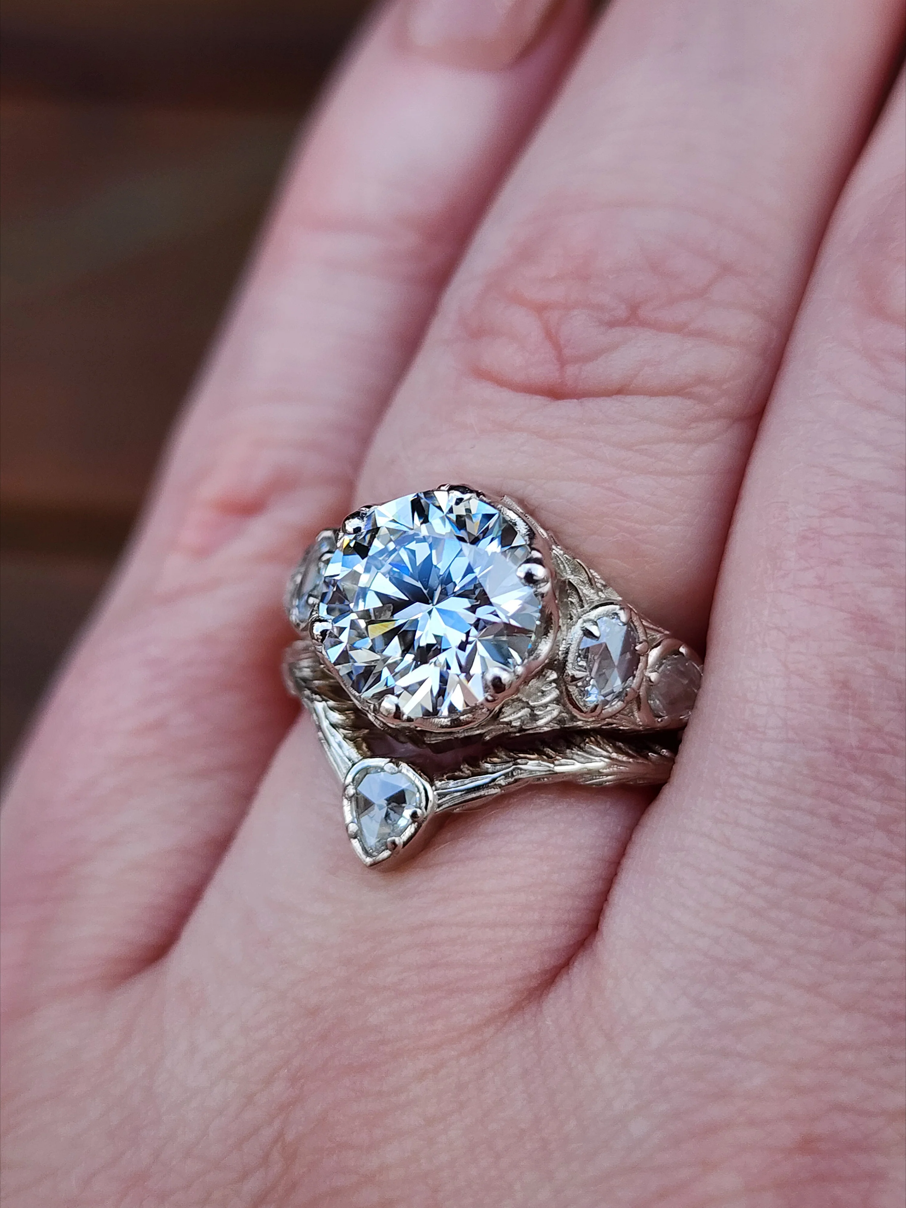 Ready to Ship Size 5-7 3.03ct Diamond Bramble Engagement Ring with Rose Cut Oval & Pear Diamonds and Forest Chevron Wedding Band - 14k Palladium White Gold - Image 9