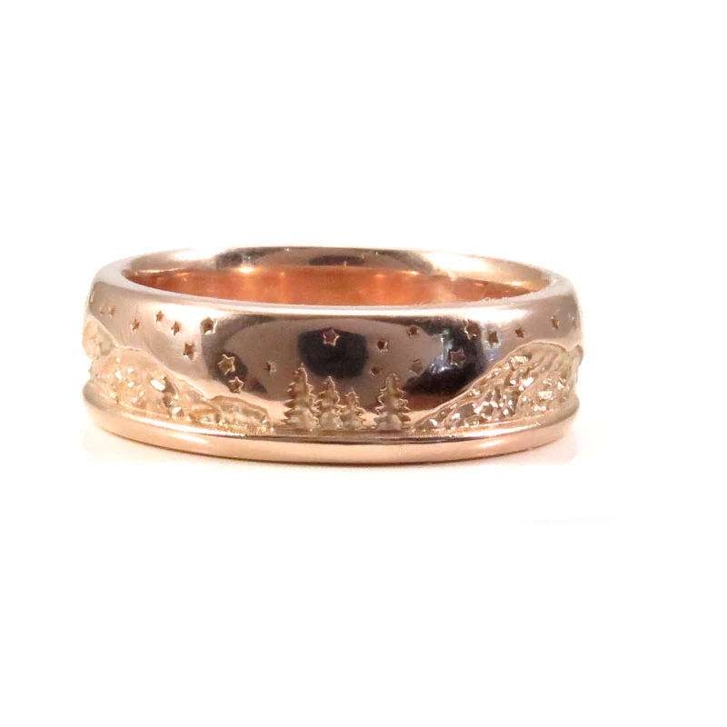 Ready to Ship Size 10-11 Mountain Wedding Band, Trees and Crescent Moon Mens 14k Gold Band, Landscape Camping Nature Inspired Ring - Image 6