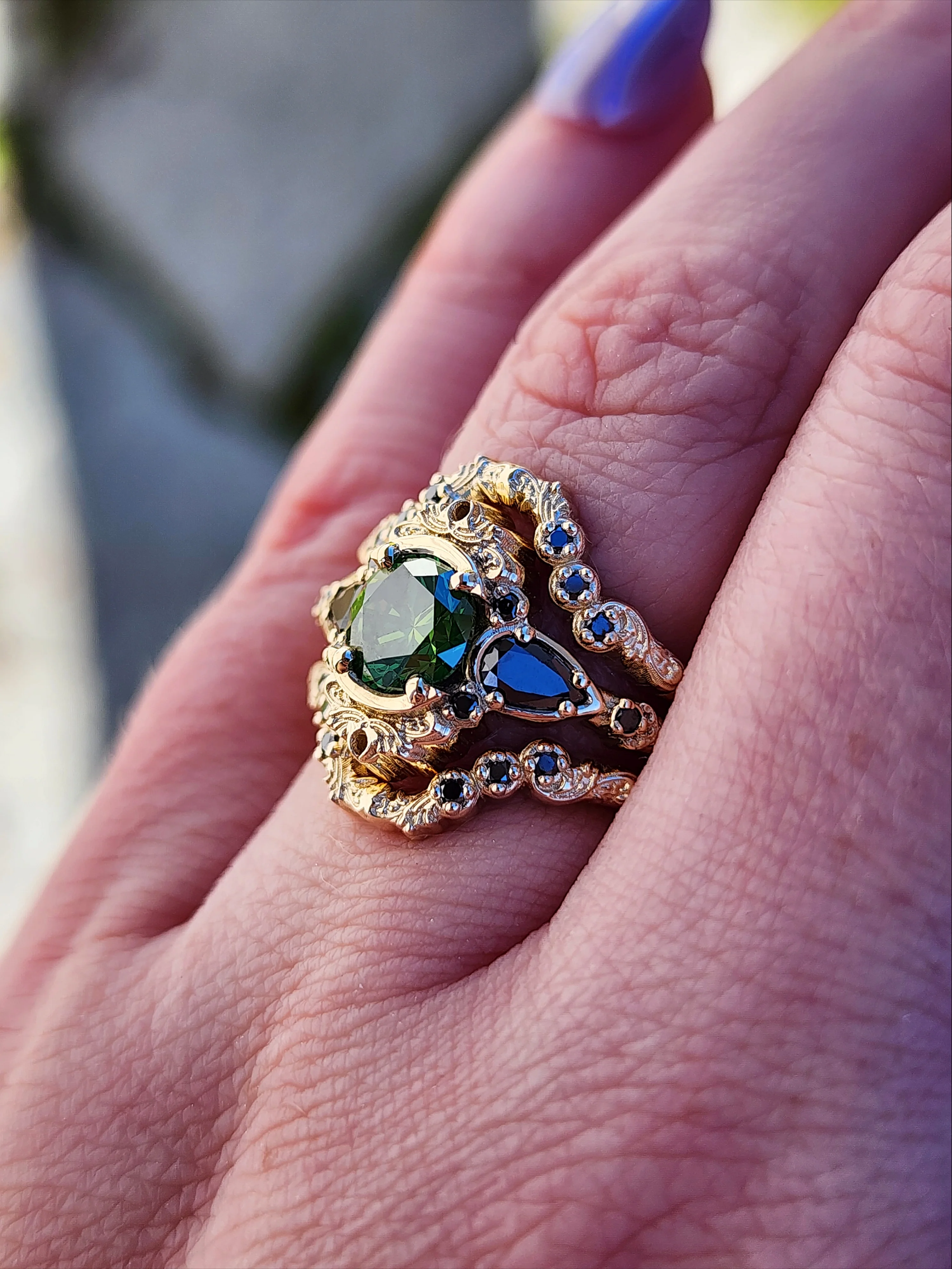 Ready to Ship Size 6-8 1.09ct Green Diamond Odette Gothic Victorian Engagement Ring Set - 14k Yellow Gold - Image 10