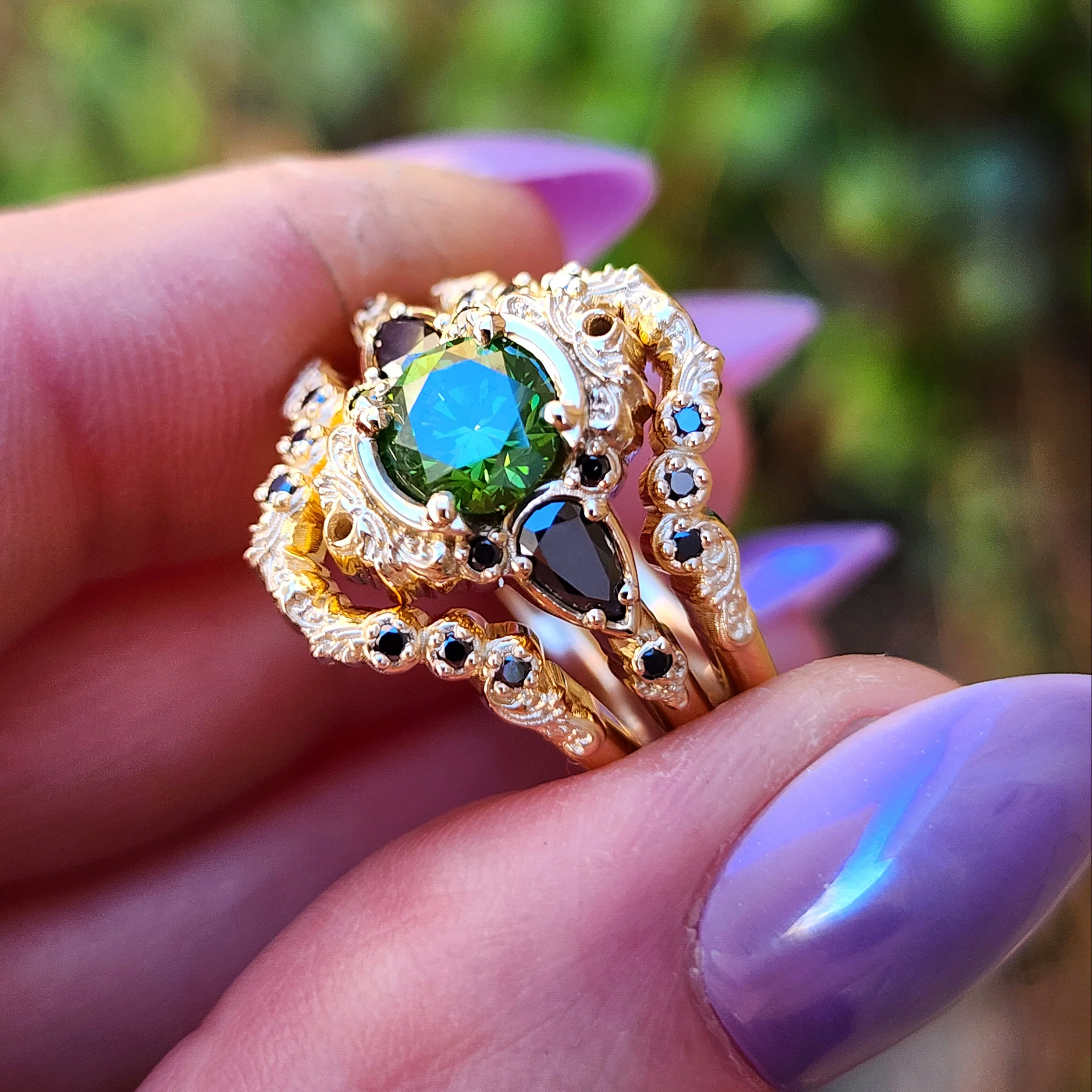 Ready to Ship Size 6-8 1.09ct Green Diamond Odette Gothic Victorian Engagement Ring Set - 14k Yellow Gold - Image 7