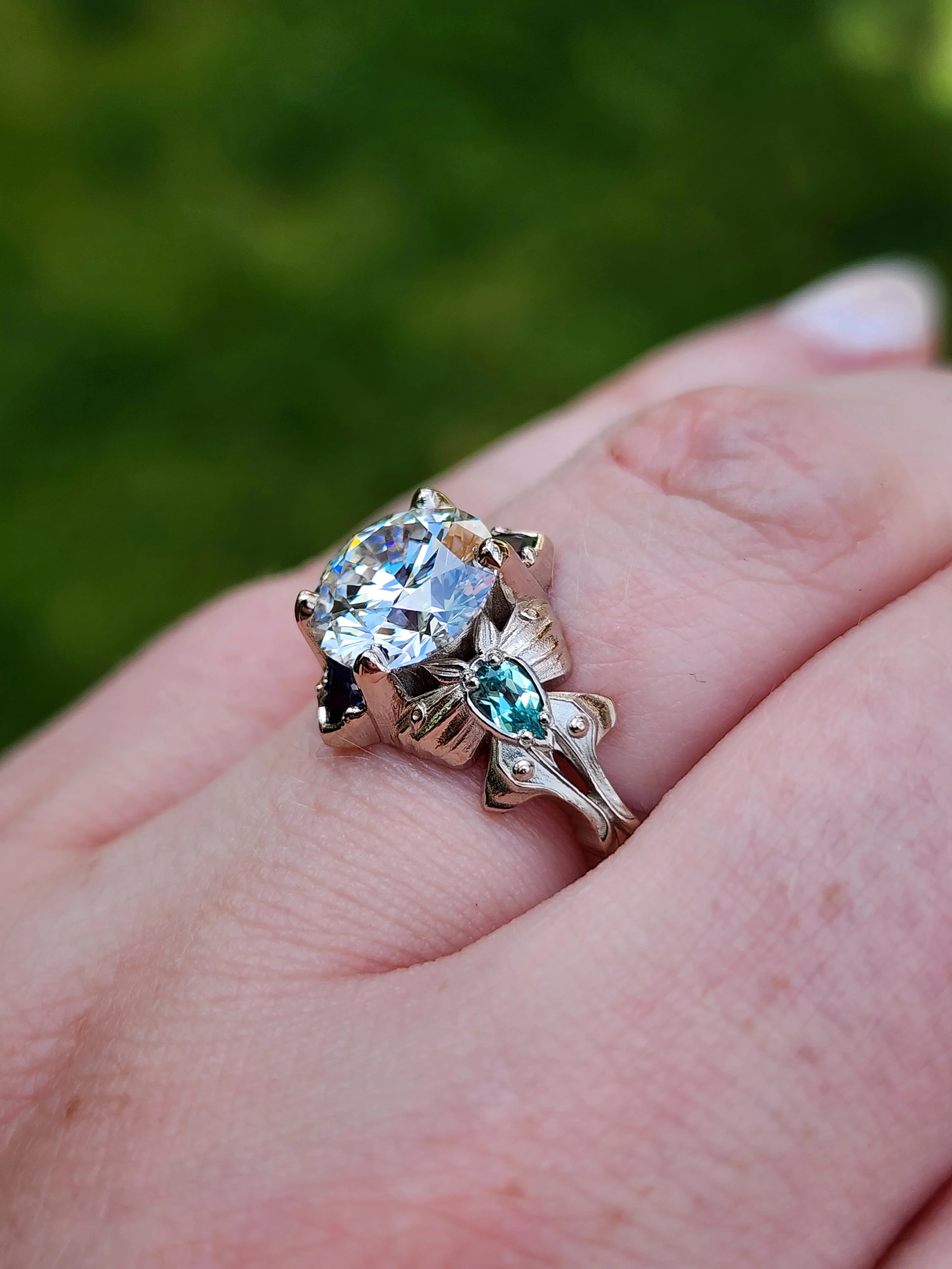 Ready to Ship Size 6-8 2.47ct Diamond Luna Moth Engagement Ring with Lab Chrysoberyl & Sapphire Trillions - 14k Palladium White Gold - Image 11