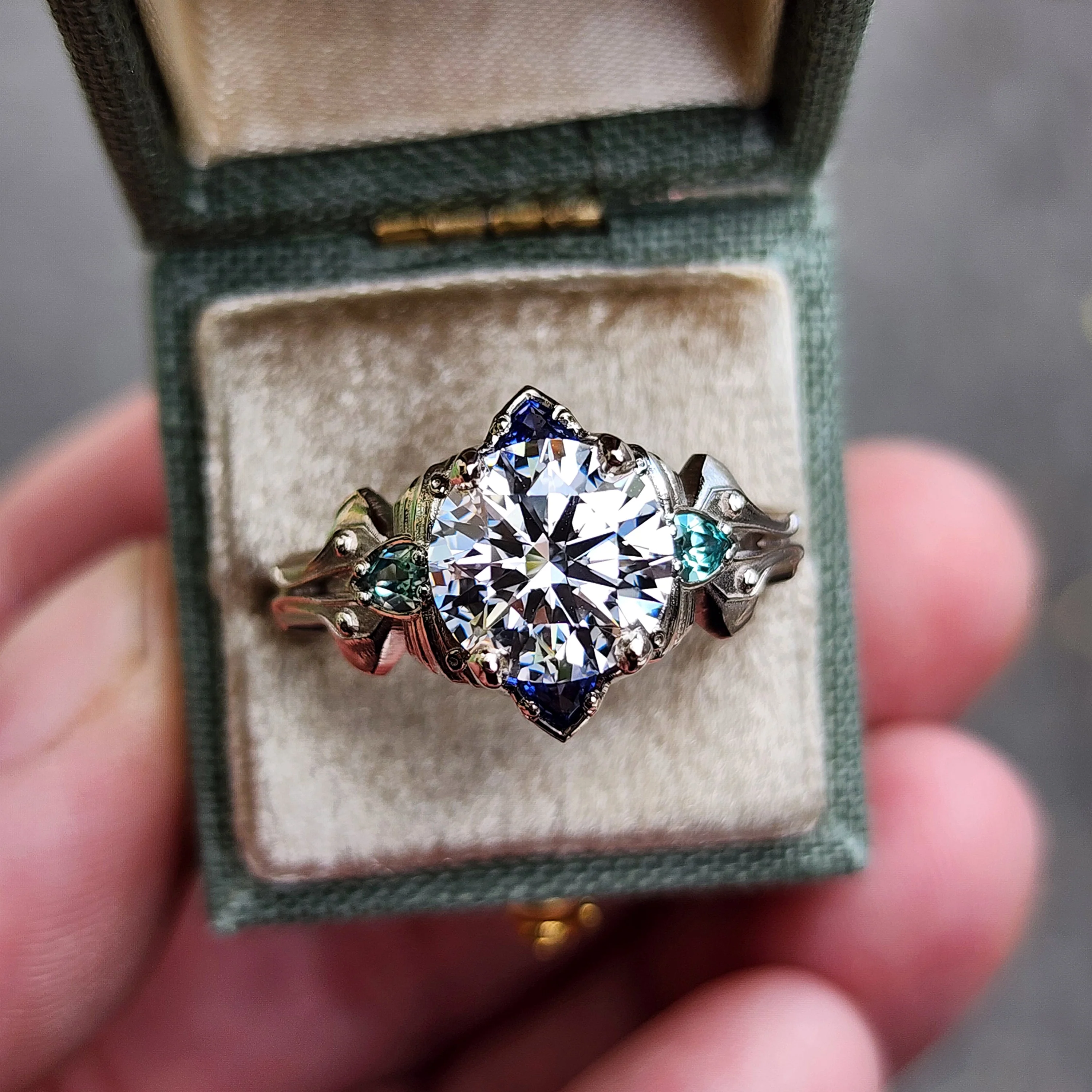 Ready to Ship Size 6-8 2.47ct Diamond Luna Moth Engagement Ring with Lab Chrysoberyl & Sapphire Trillions - 14k Palladium White Gold - Image 4