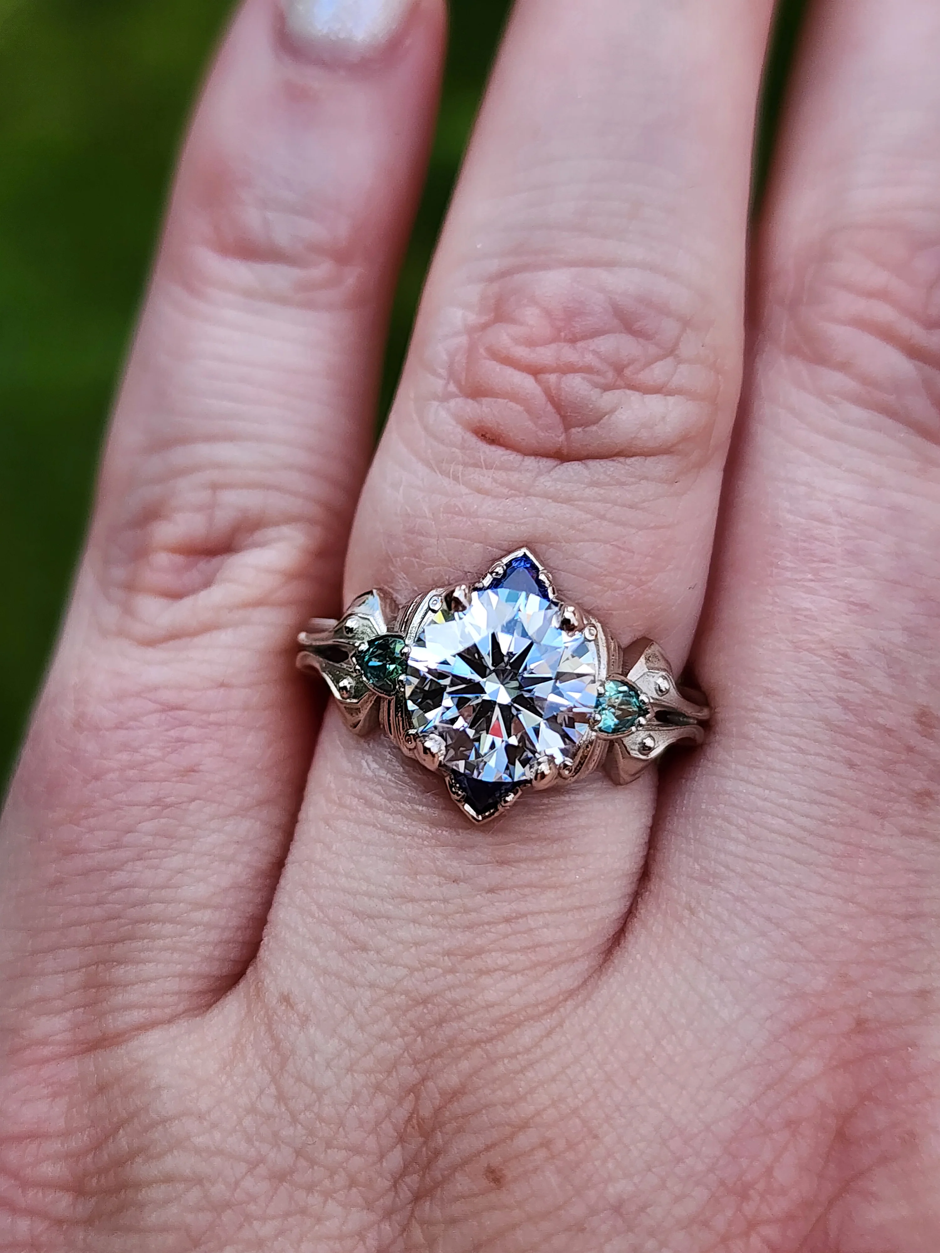 Ready to Ship Size 6-8 2.47ct Diamond Luna Moth Engagement Ring with Lab Chrysoberyl & Sapphire Trillions - 14k Palladium White Gold - Image 8