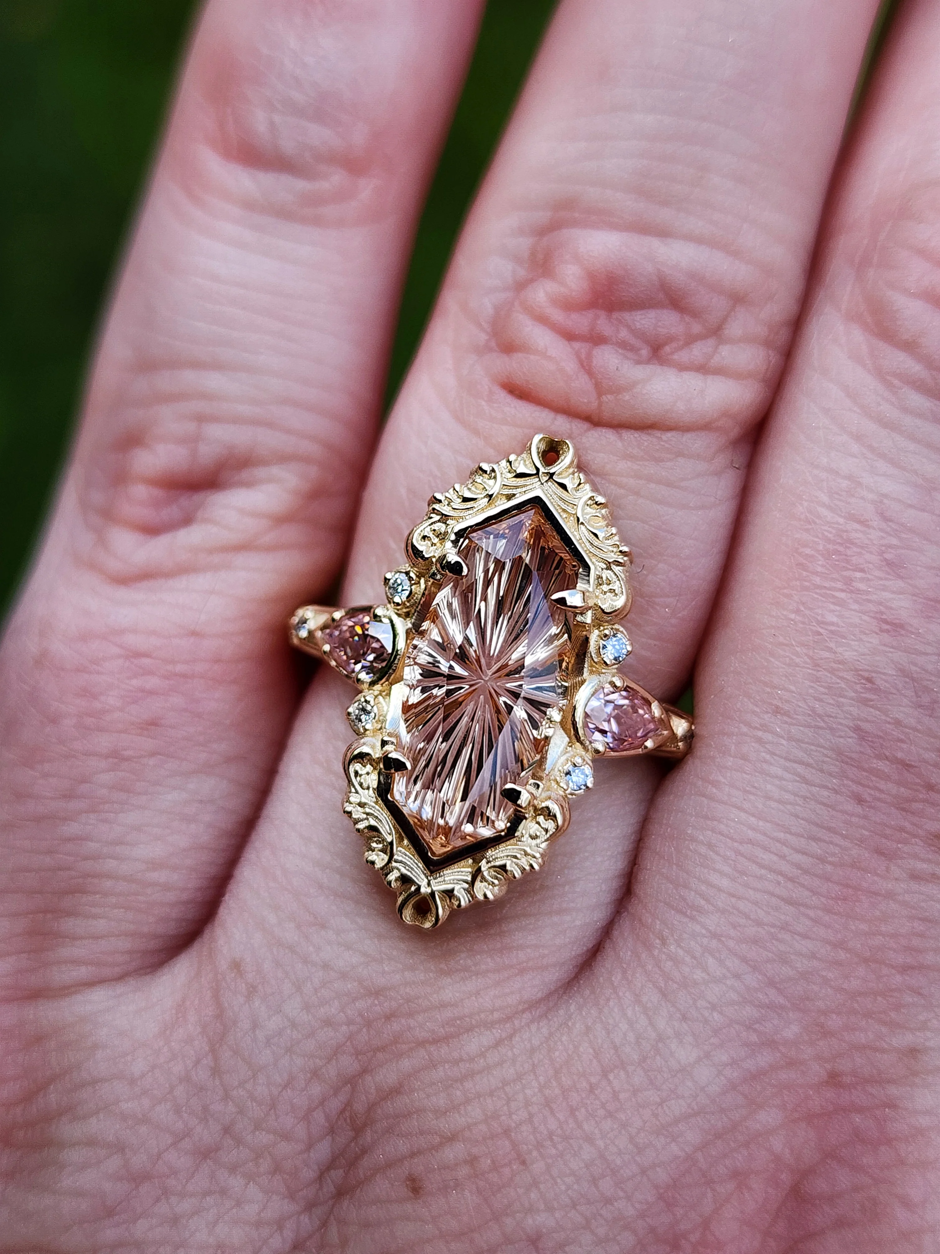 Ready to Ship Size 6-8 3.98ct Fantasy Cut Imperial Topaz Odette Engagement Ring with Pink Moissanite Pears and Gold Scrolls Filigree 14k Yellow Gold - Image 10