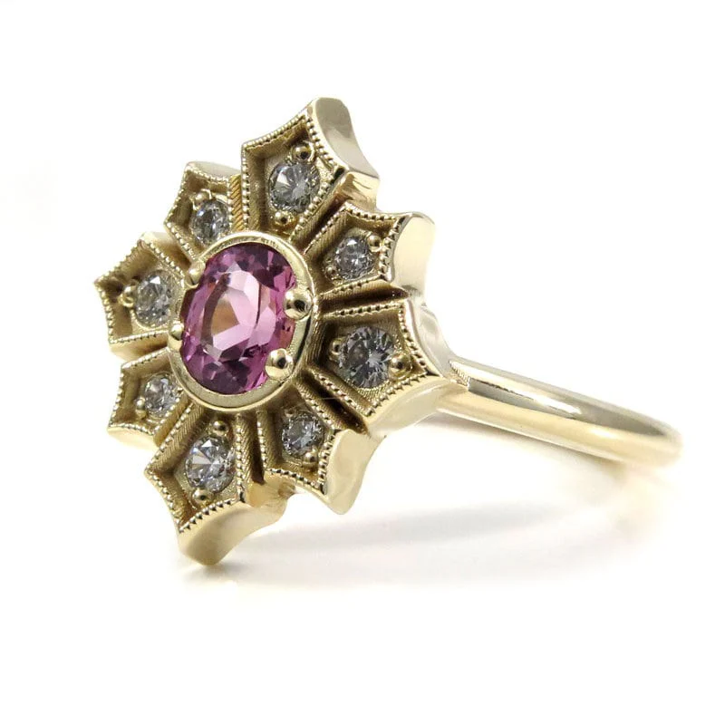 Ready to Ship Size 6 - 8 - Art Deco Star Yellow Gold Engagement Ring with Pink Spinel and White Diamonds - Image 5
