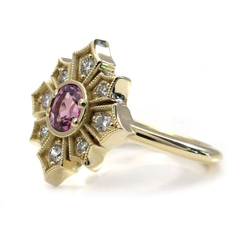 Ready to Ship Size 6 - 8 - Art Deco Star Yellow Gold Engagement Ring with Pink Spinel and White Diamonds - Image 7