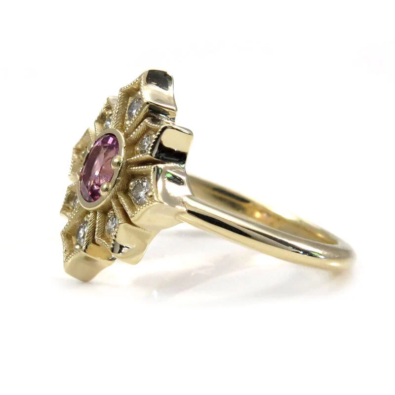 Ready to Ship Size 6 - 8 - Art Deco Star Yellow Gold Engagement Ring with Pink Spinel and White Diamonds - Image 8
