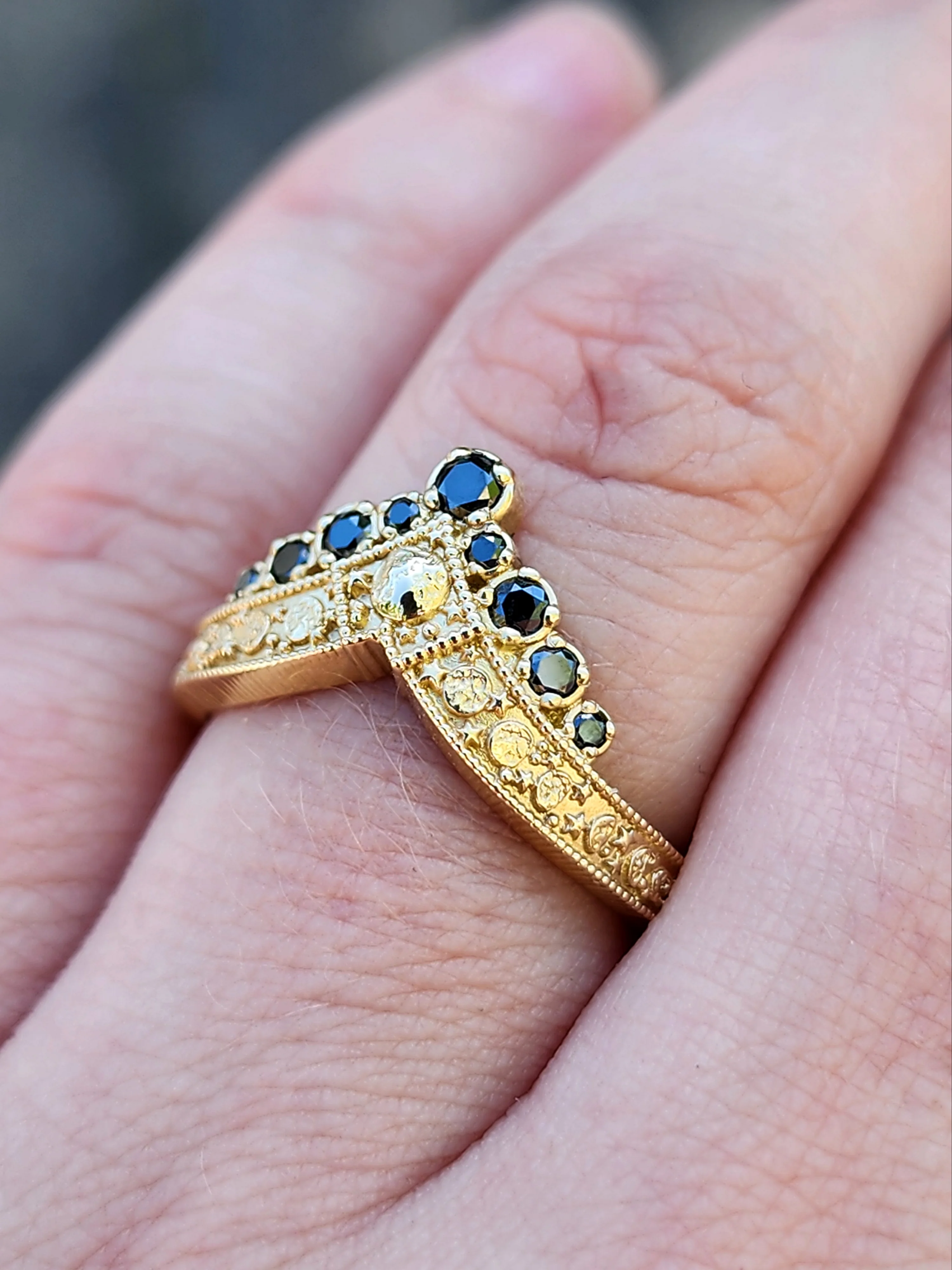 Ready to Ship Size 6-8 - Black Diamond Luna Diadem Chevron Wedding Band with Moon Phases and Full Moon and Stardust - Stacking Celestial Unique Gold Ring - Image 4