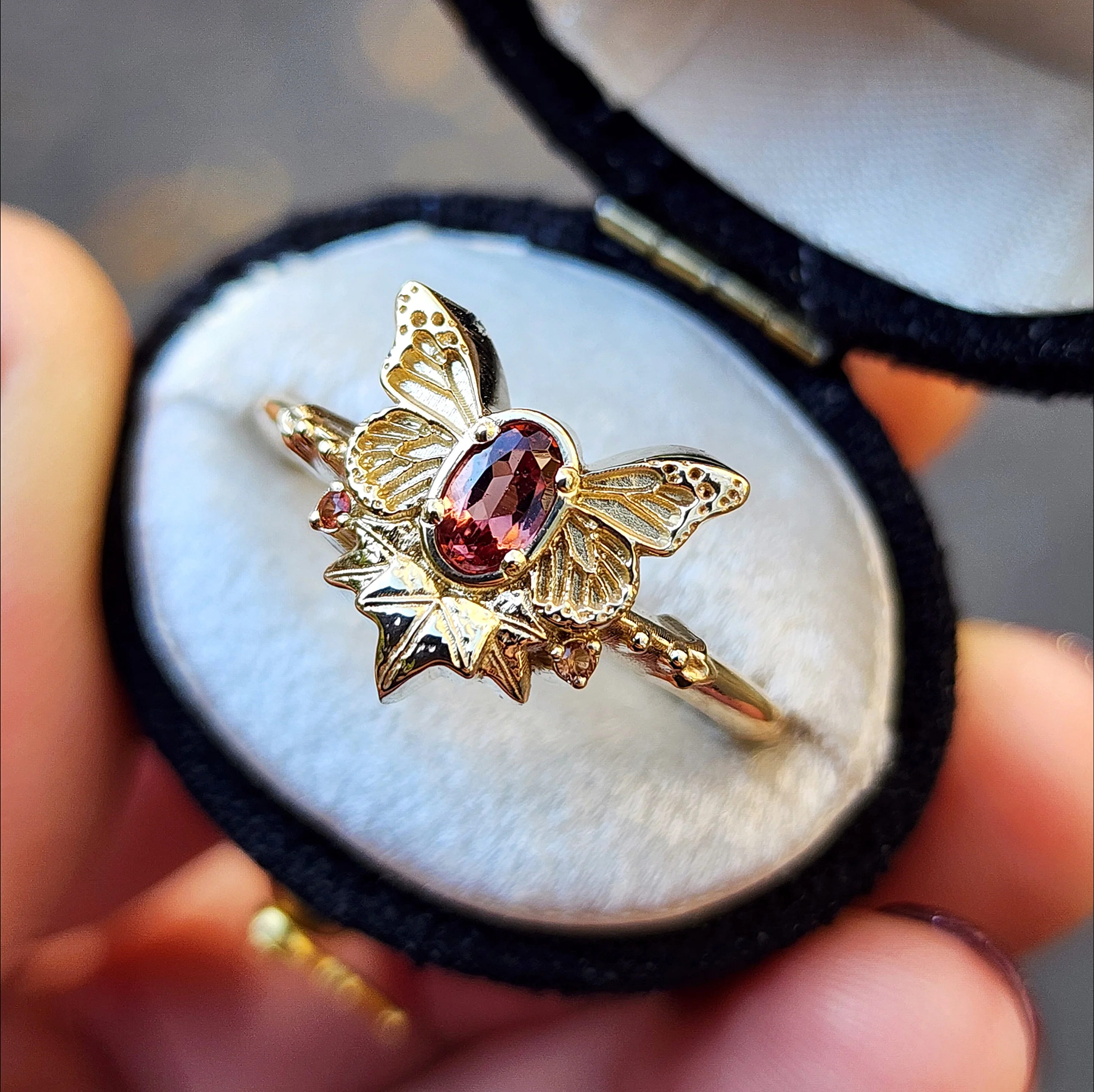 Butterfly Fairy Ring with Oval Sapphire Fantasy Engagement with Ivy Leaves - Pick your Gemstone 14k Gold Nature Inspired Bug Jewelry - Image 2