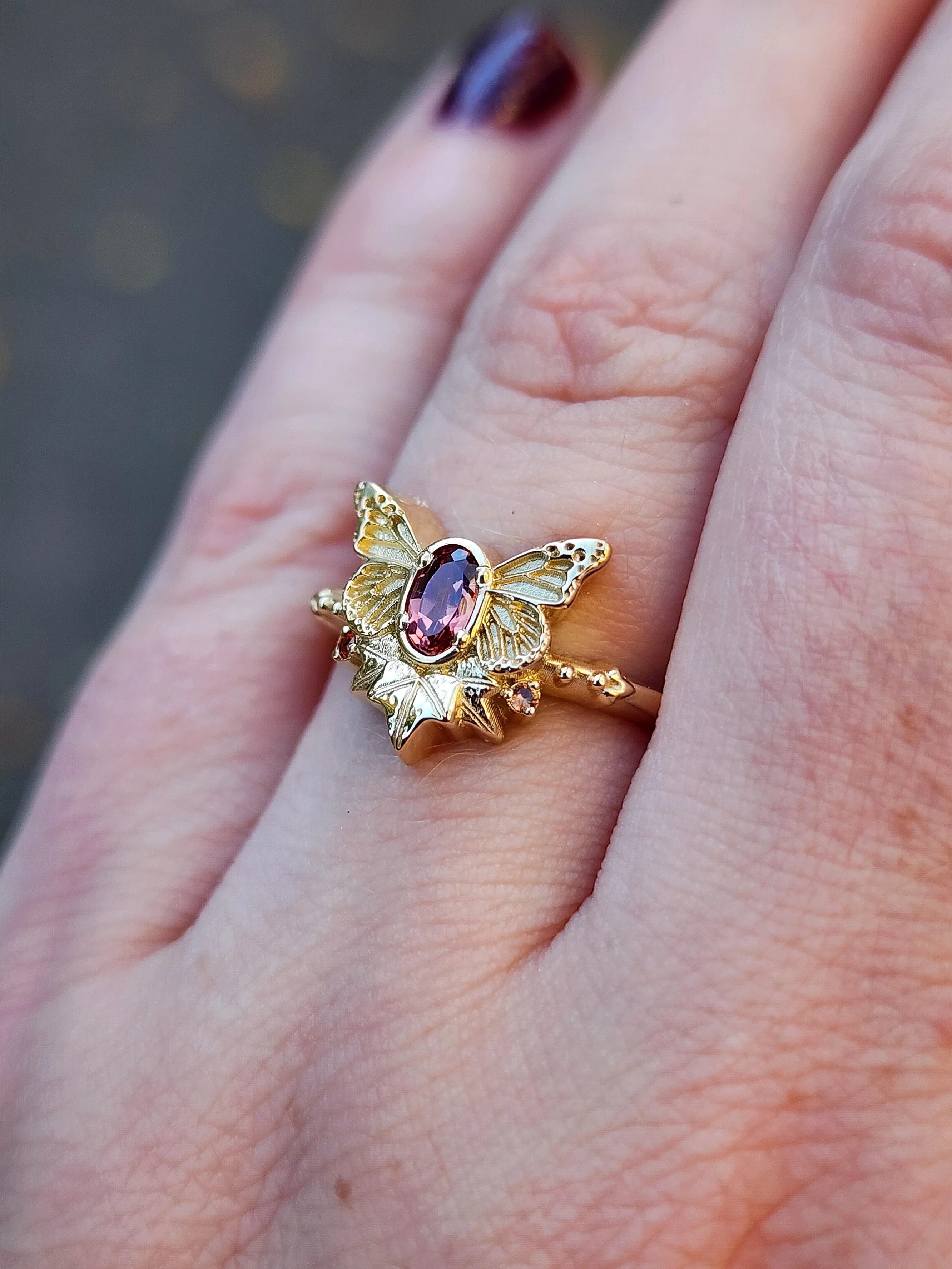 Butterfly Fairy Ring with Oval Sapphire Fantasy Engagement with Ivy Leaves - Pick your Gemstone 14k Gold Nature Inspired Bug Jewelry - Image 10