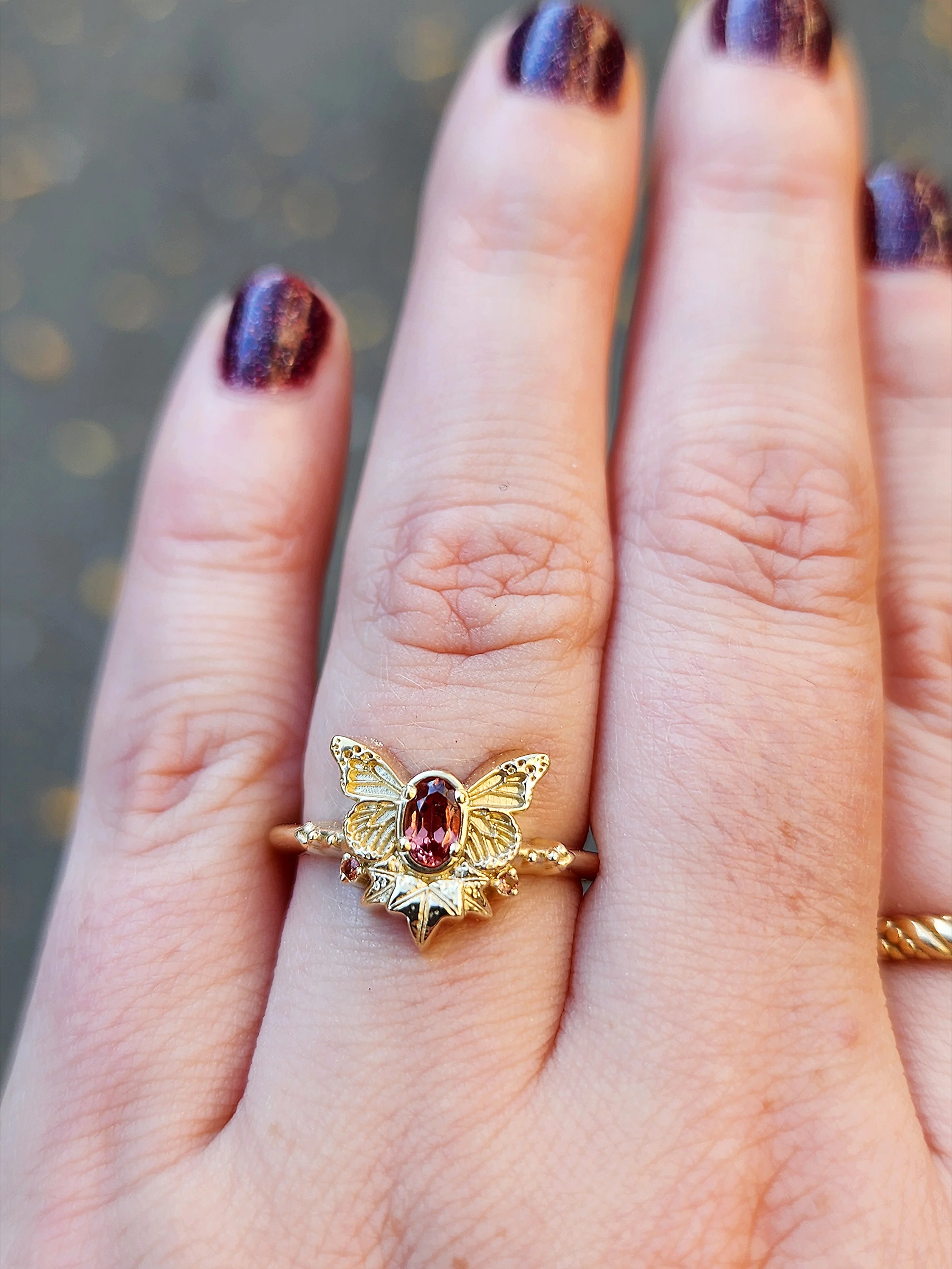 Butterfly Fairy Ring with Oval Sapphire Fantasy Engagement with Ivy Leaves - Pick your Gemstone 14k Gold Nature Inspired Bug Jewelry - Image 11