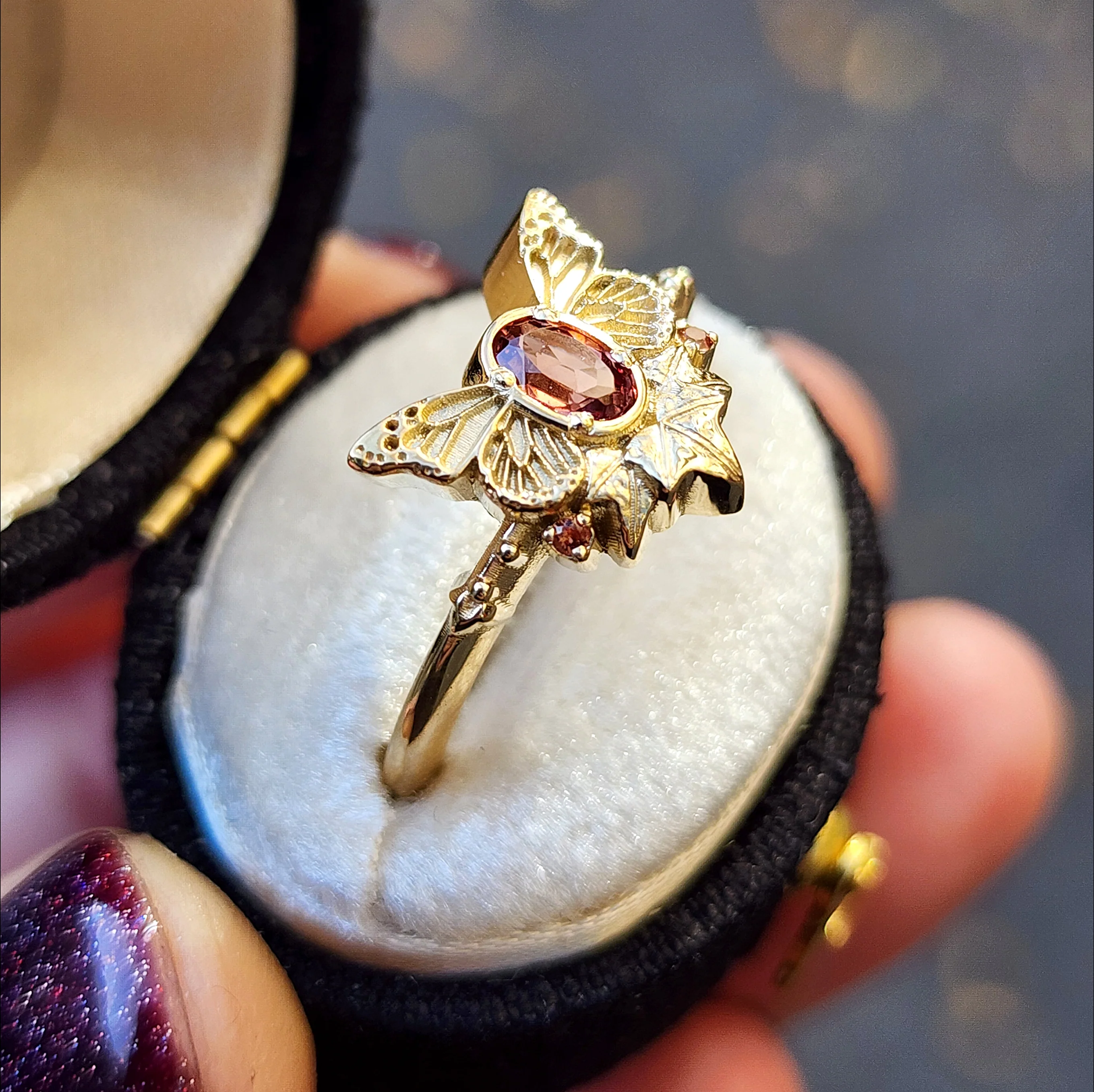 Butterfly Fairy Ring with Oval Sapphire Fantasy Engagement with Ivy Leaves - Pick your Gemstone 14k Gold Nature Inspired Bug Jewelry - Image 4