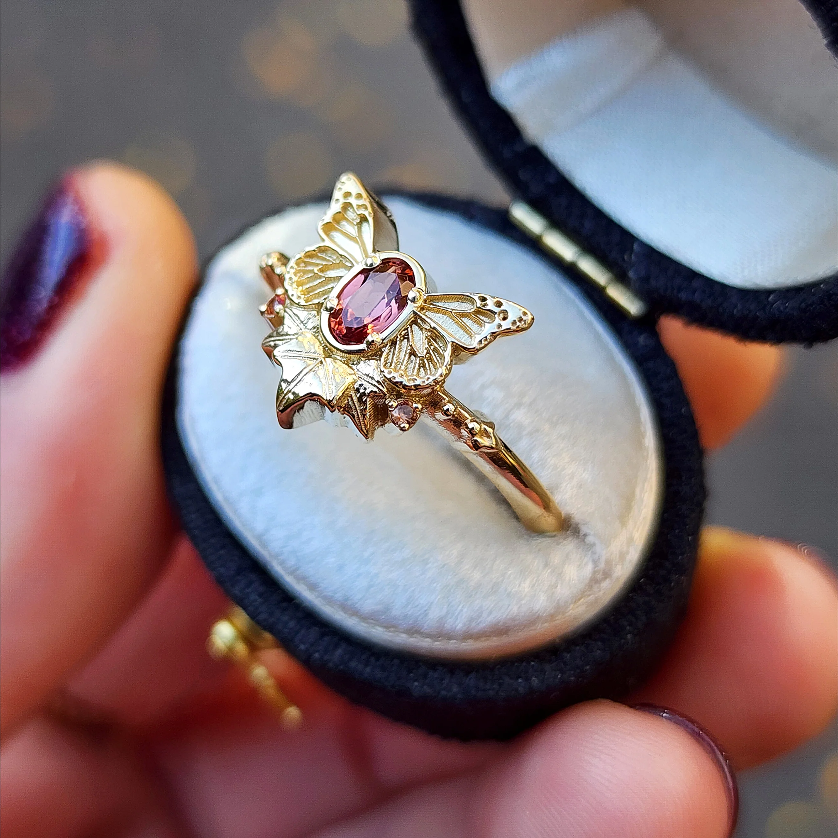 Butterfly Fairy Ring with Oval Sapphire Fantasy Engagement with Ivy Leaves - Pick your Gemstone 14k Gold Nature Inspired Bug Jewelry - Image 5