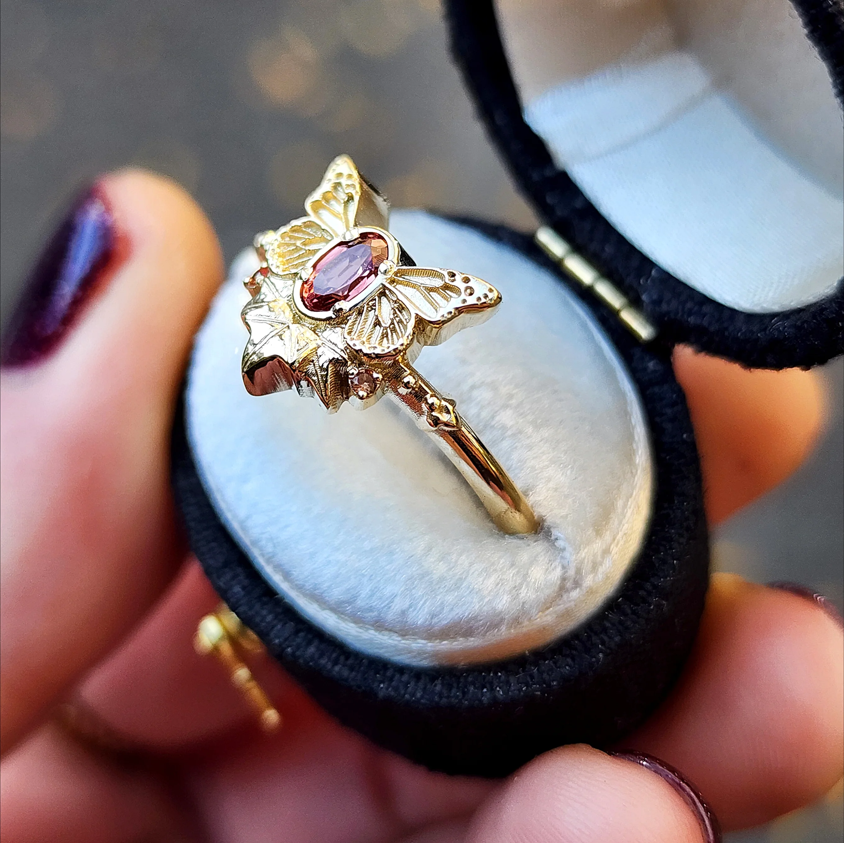 Butterfly Fairy Ring with Oval Sapphire Fantasy Engagement with Ivy Leaves - Pick your Gemstone 14k Gold Nature Inspired Bug Jewelry - Image 6