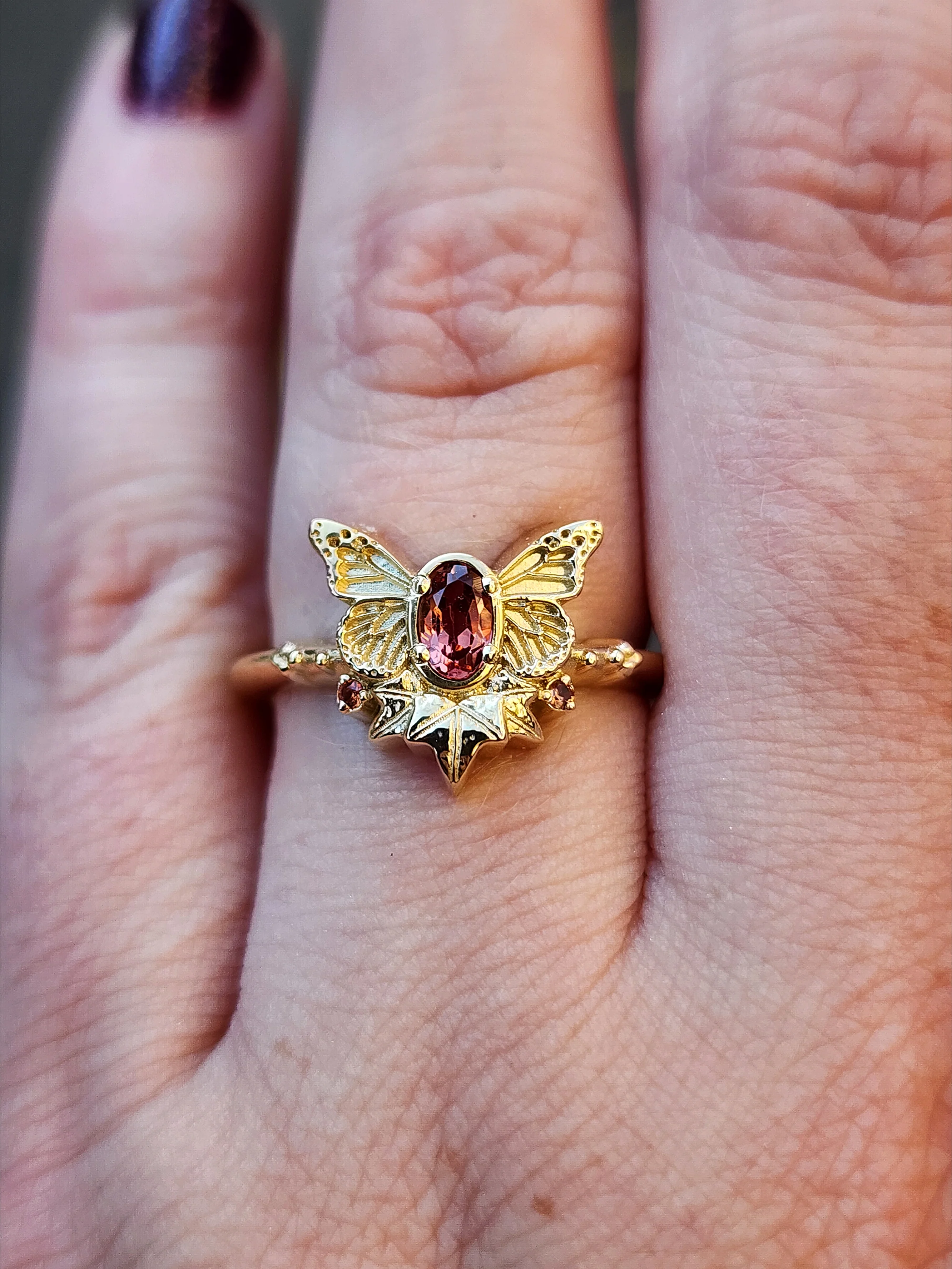 Butterfly Fairy Ring with Oval Sapphire Fantasy Engagement with Ivy Leaves - Pick your Gemstone 14k Gold Nature Inspired Bug Jewelry - Image 8