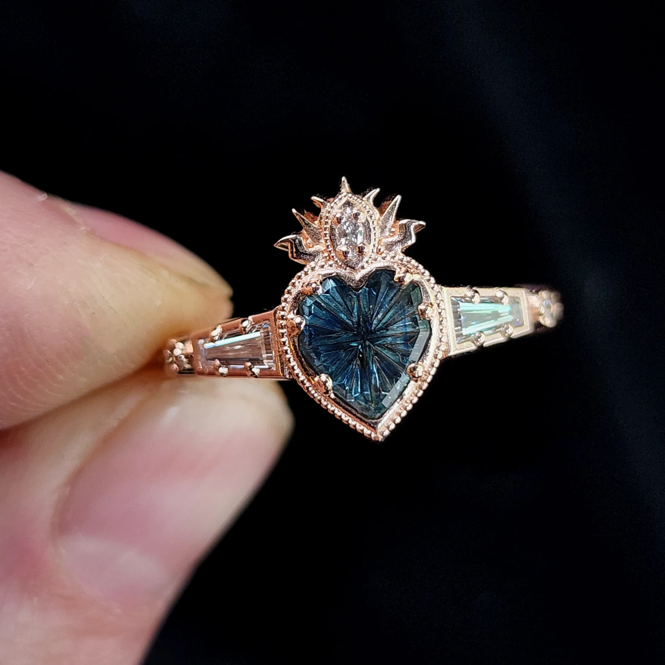 Ready to Ship Size 6-8 - Cosmic Love Flaming Heart Ring with Blue Montana Sapphire in Rose Gold