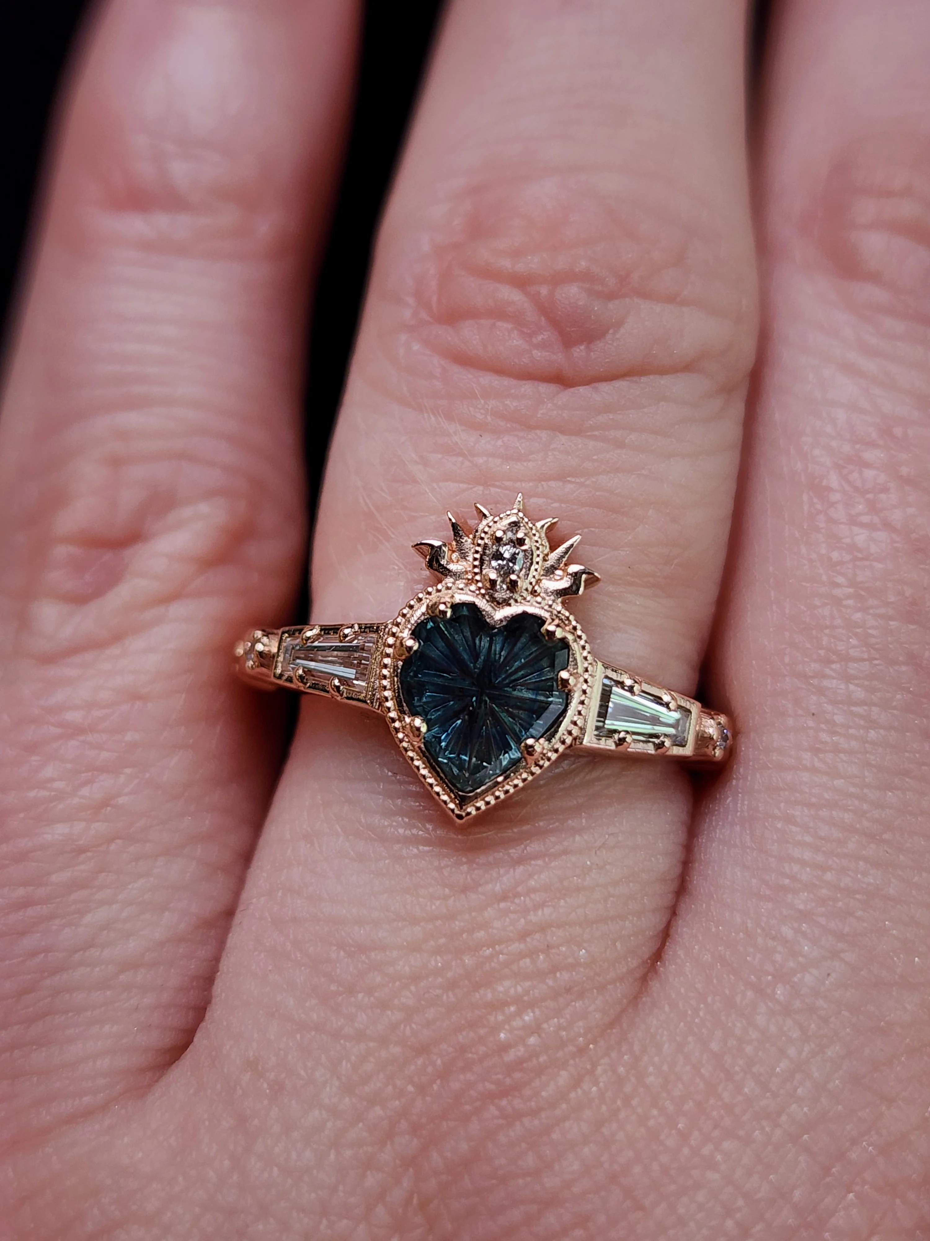 Ready to Ship Size 6-8 - Cosmic Love Flaming Heart Ring with Blue Montana Sapphire in Rose Gold - Image 10