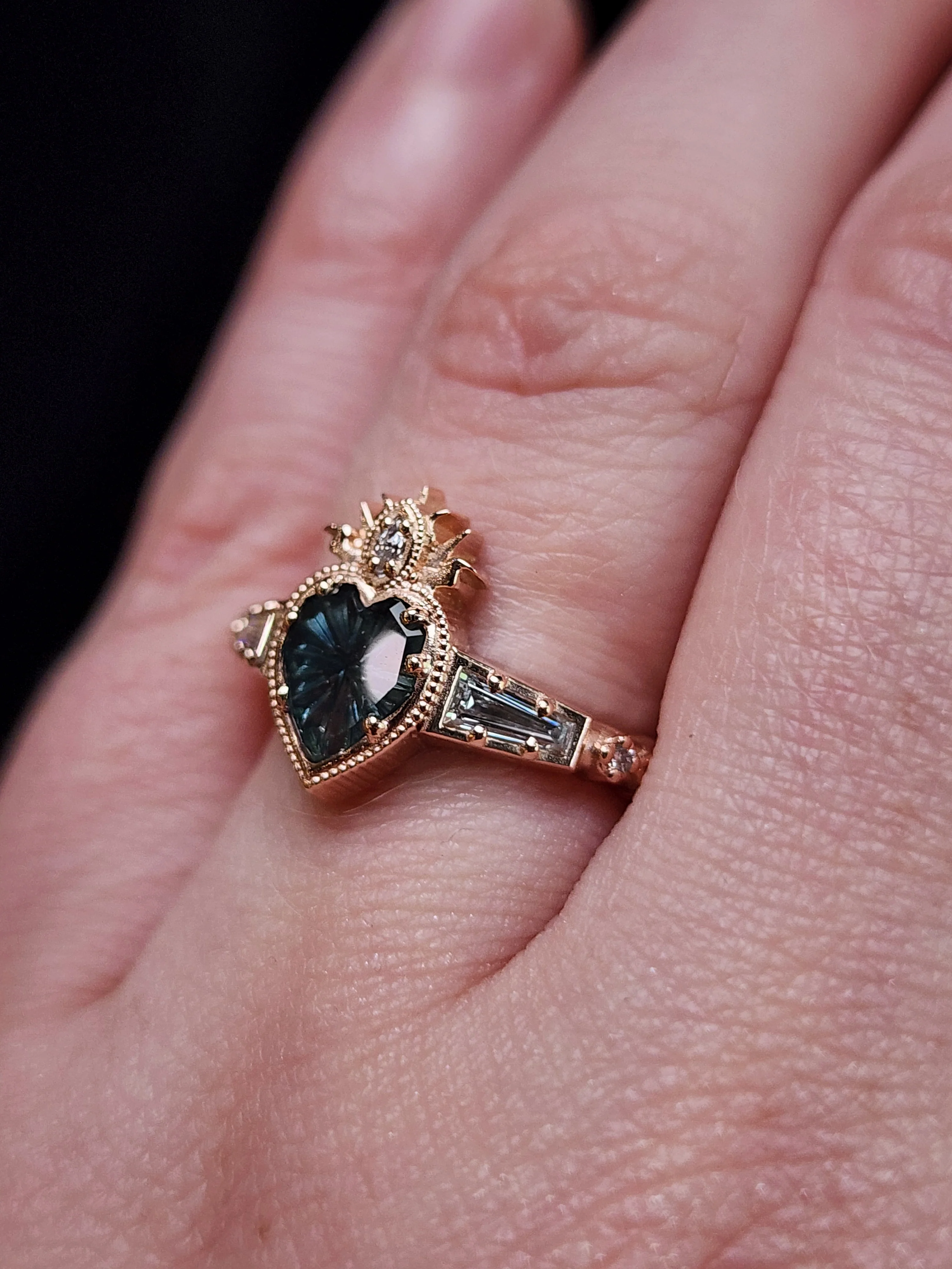 Ready to Ship Size 6-8 - Cosmic Love Flaming Heart Ring with Blue Montana Sapphire in Rose Gold - Image 11