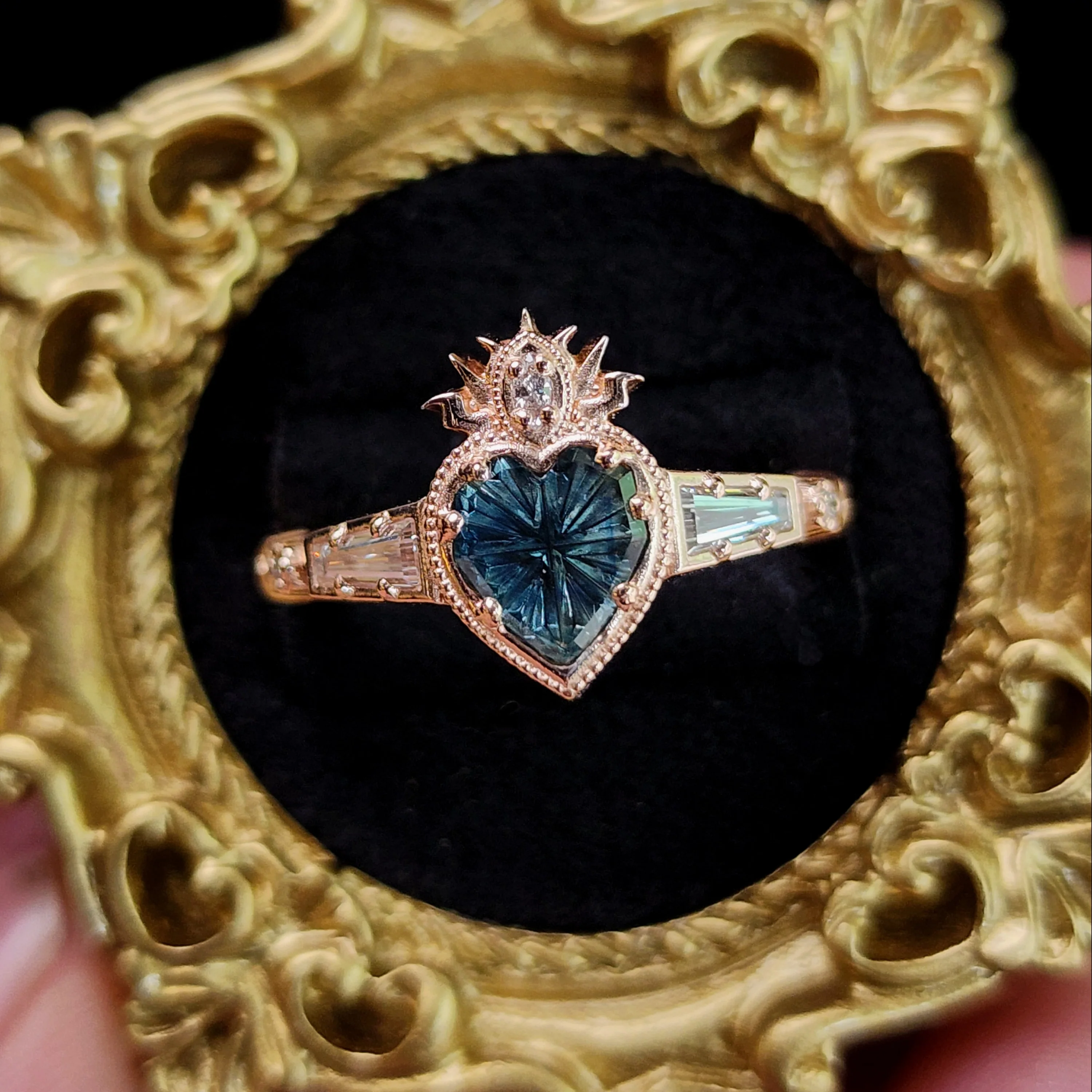 Ready to Ship Size 6-8 - Cosmic Love Flaming Heart Ring with Blue Montana Sapphire in Rose Gold - Image 2