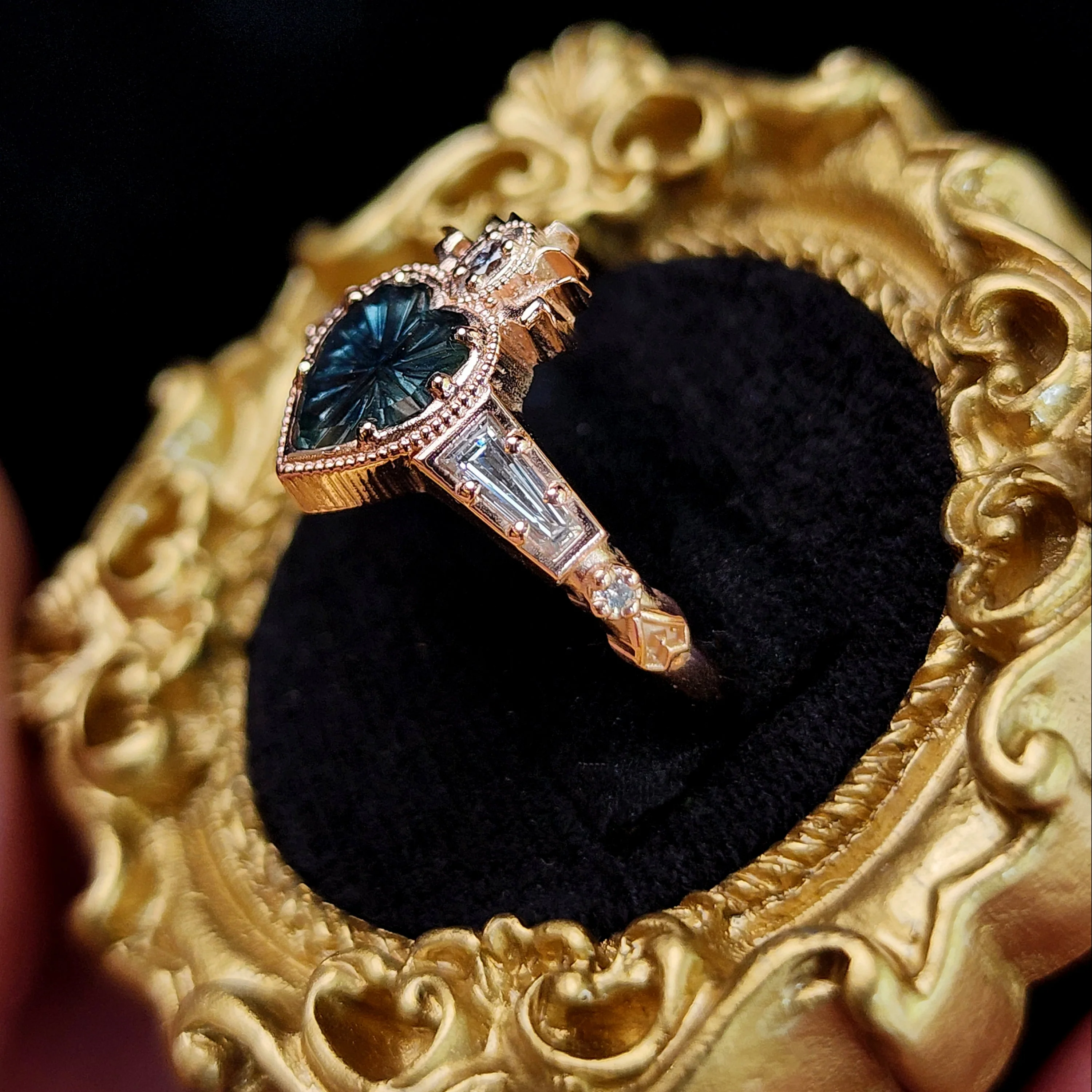 Ready to Ship Size 6-8 - Cosmic Love Flaming Heart Ring with Blue Montana Sapphire in Rose Gold - Image 3