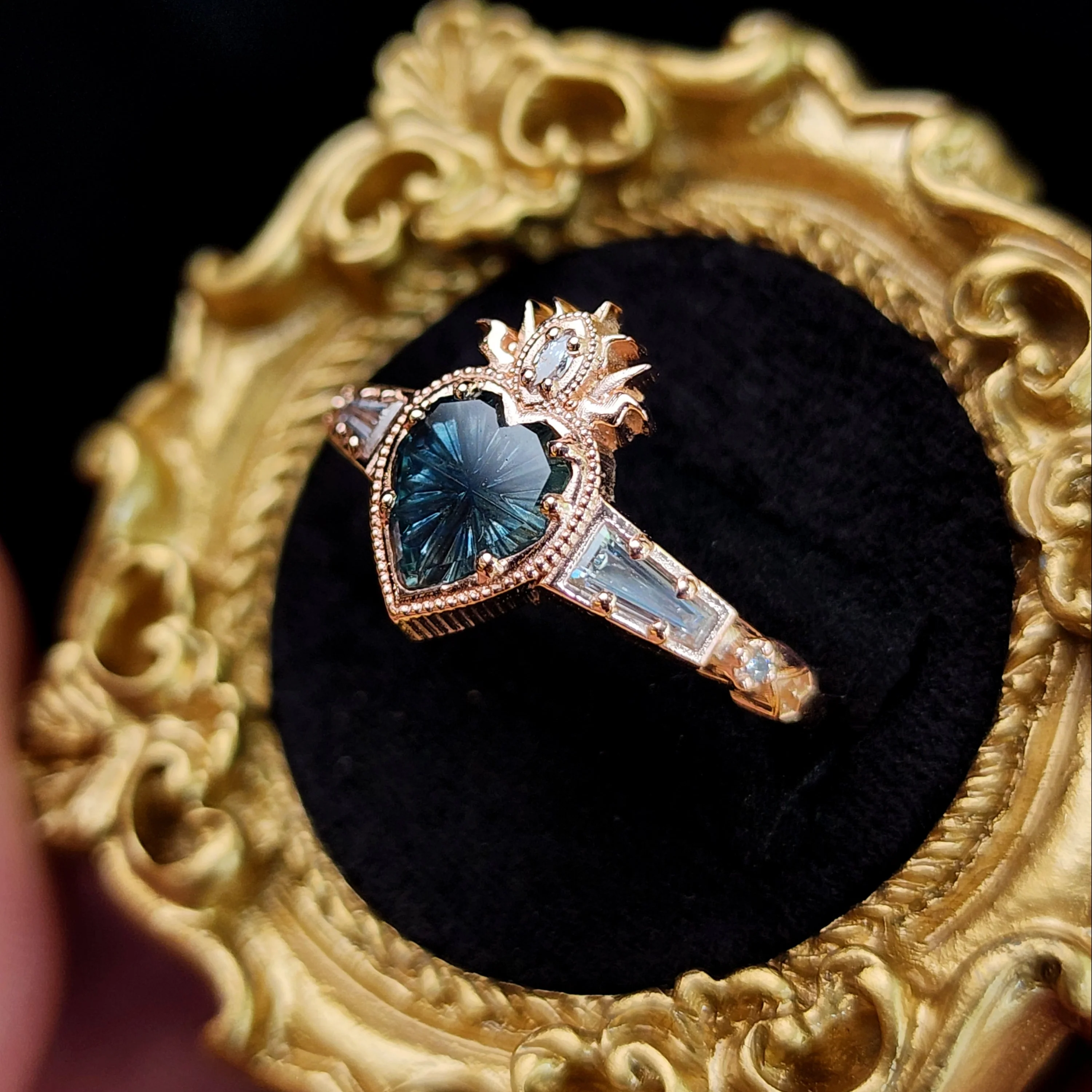 Ready to Ship Size 6-8 - Cosmic Love Flaming Heart Ring with Blue Montana Sapphire in Rose Gold - Image 4