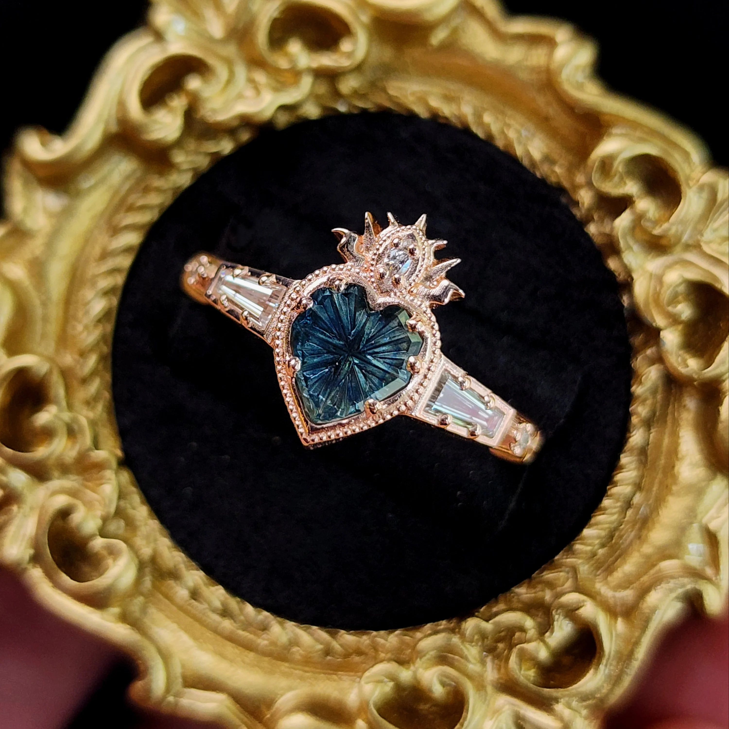 Ready to Ship Size 6-8 - Cosmic Love Flaming Heart Ring with Blue Montana Sapphire in Rose Gold - Image 5