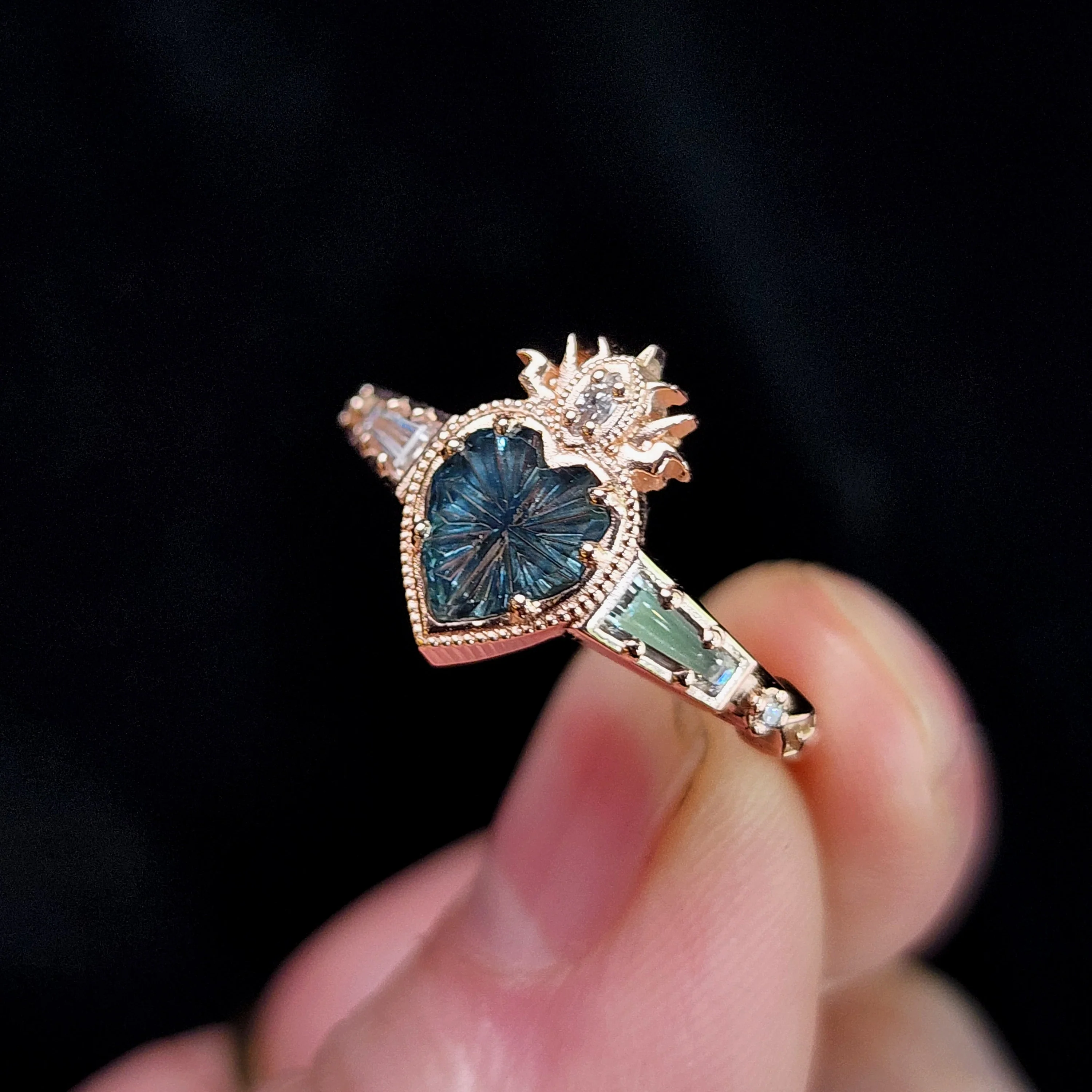 Ready to Ship Size 6-8 - Cosmic Love Flaming Heart Ring with Blue Montana Sapphire in Rose Gold - Image 7