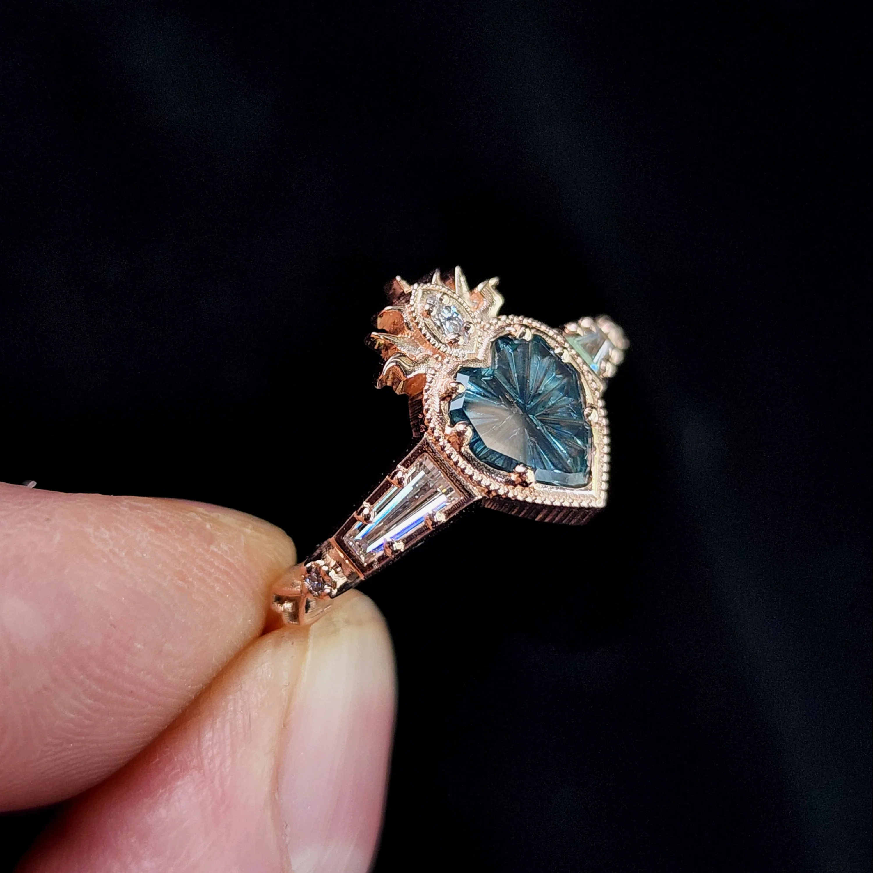 Ready to Ship Size 6-8 - Cosmic Love Flaming Heart Ring with Blue Montana Sapphire in Rose Gold - Image 8