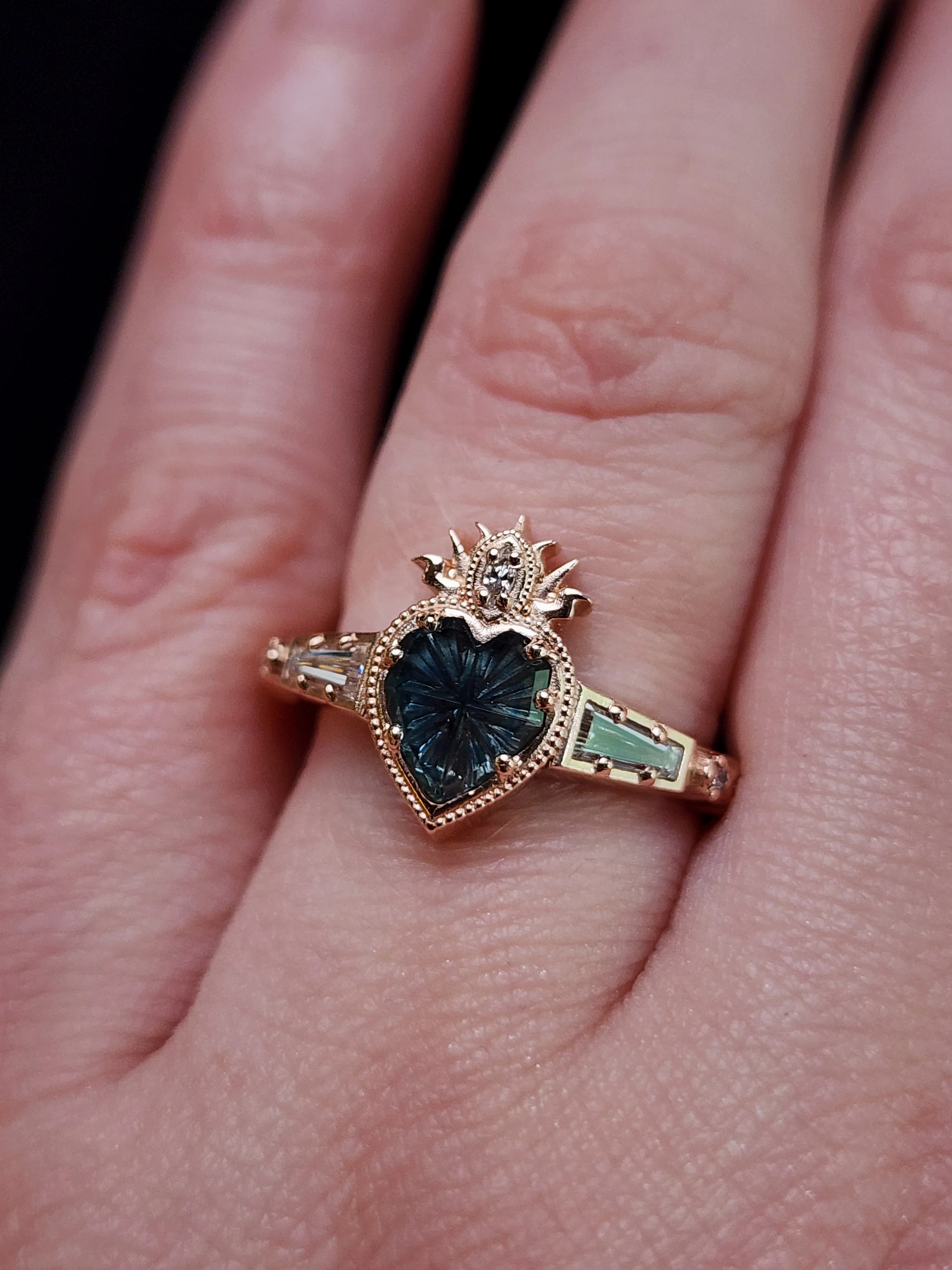 Ready to Ship Size 6-8 - Cosmic Love Flaming Heart Ring with Blue Montana Sapphire in Rose Gold - Image 9