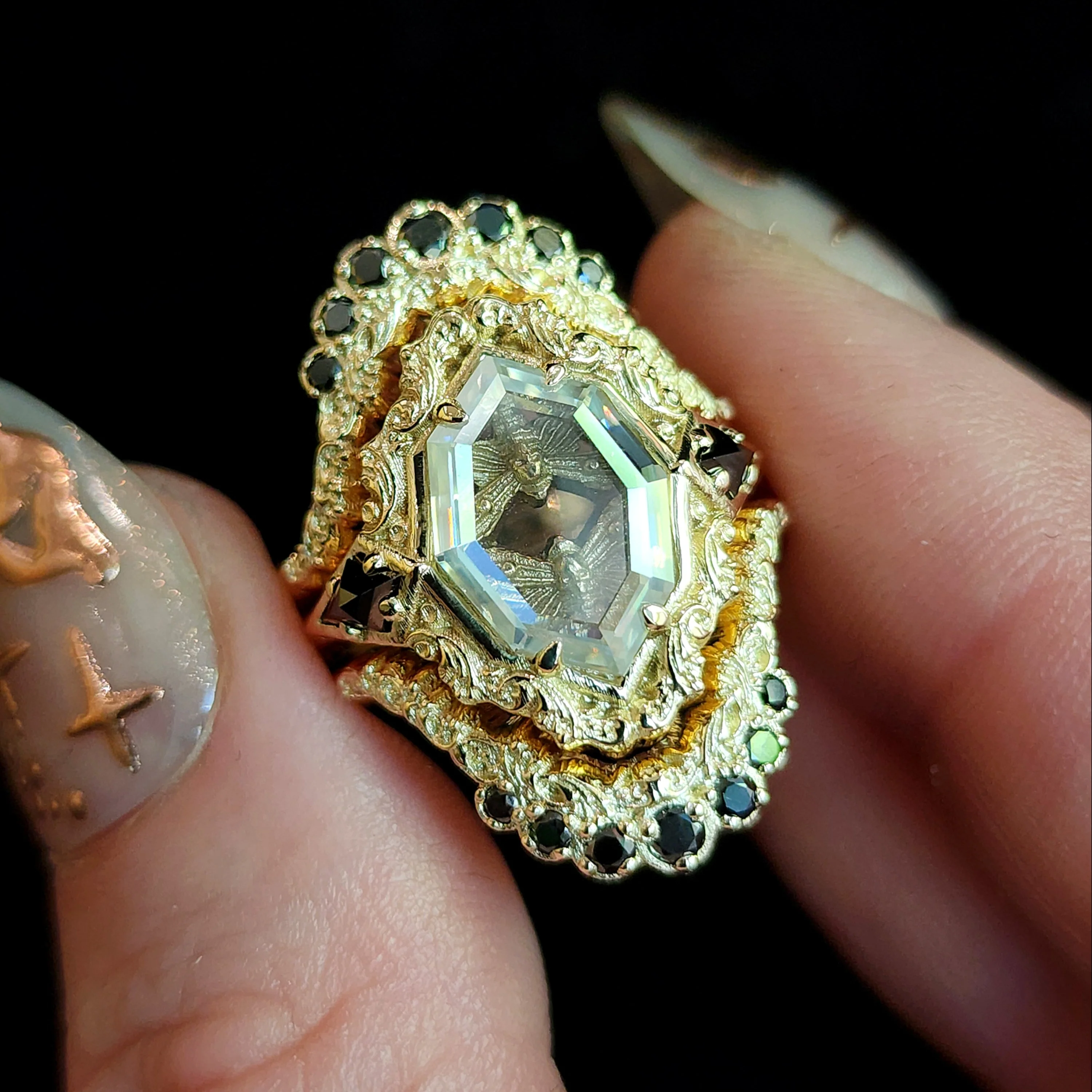 Death Head Hawk Moth Shadow Box Ring Set with Black Diamonds - Gothic Stacking Wedding Ring Set - Image 3