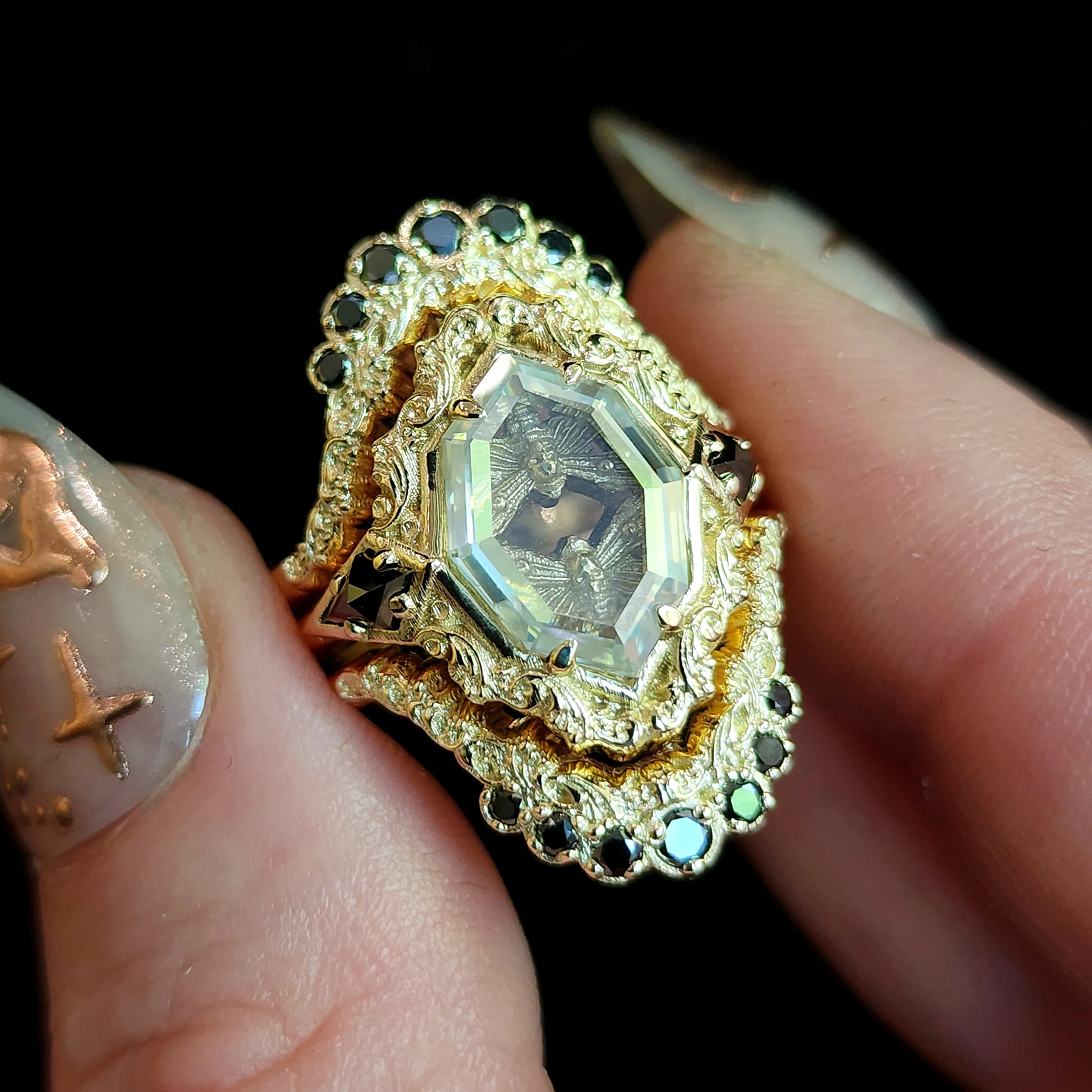 Death Head Hawk Moth Shadow Box Ring Set with Black Diamonds - Gothic Stacking Wedding Ring Set - Image 4