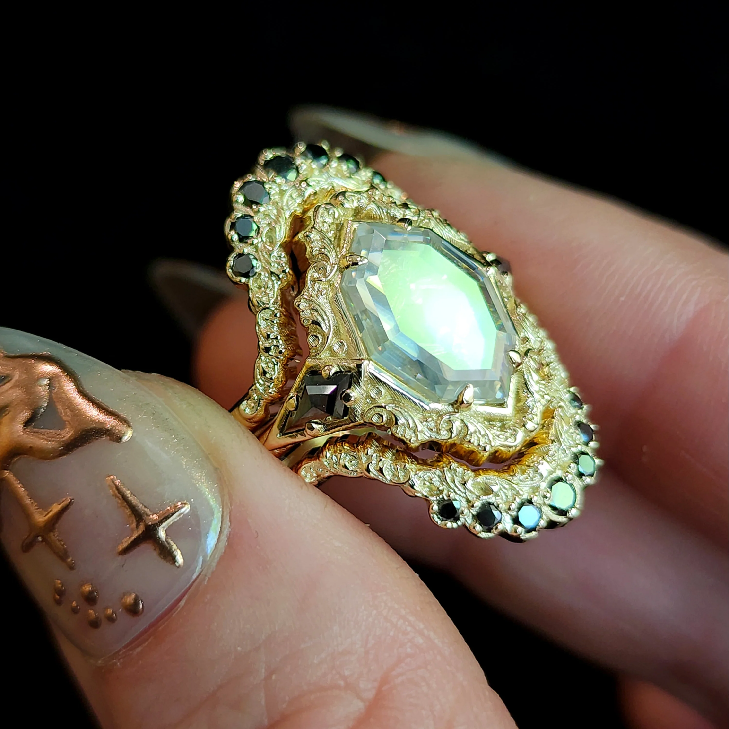 Death Head Hawk Moth Shadow Box Ring Set with Black Diamonds - Gothic Stacking Wedding Ring Set - Image 5