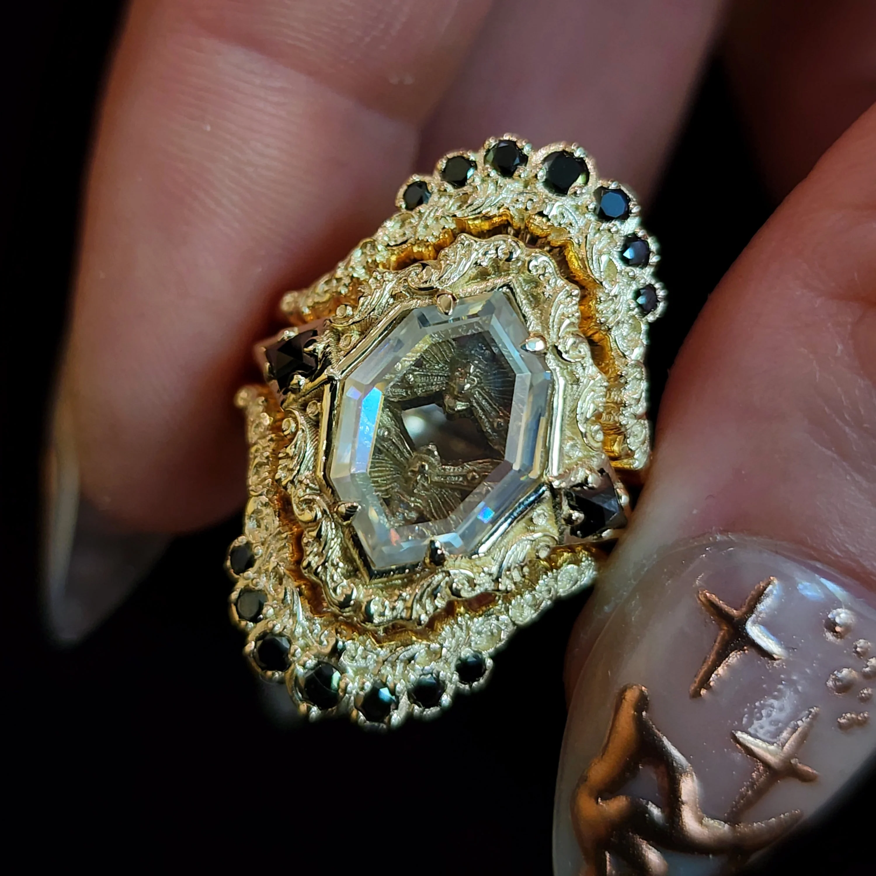 Death Head Hawk Moth Shadow Box Ring Set with Black Diamonds - Gothic Stacking Wedding Ring Set - Image 7